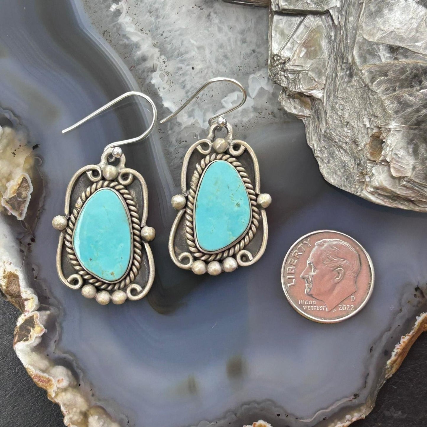 Sterling Silver Southwestern Style Turquoise Decorated Dangle Earrings For Women #2