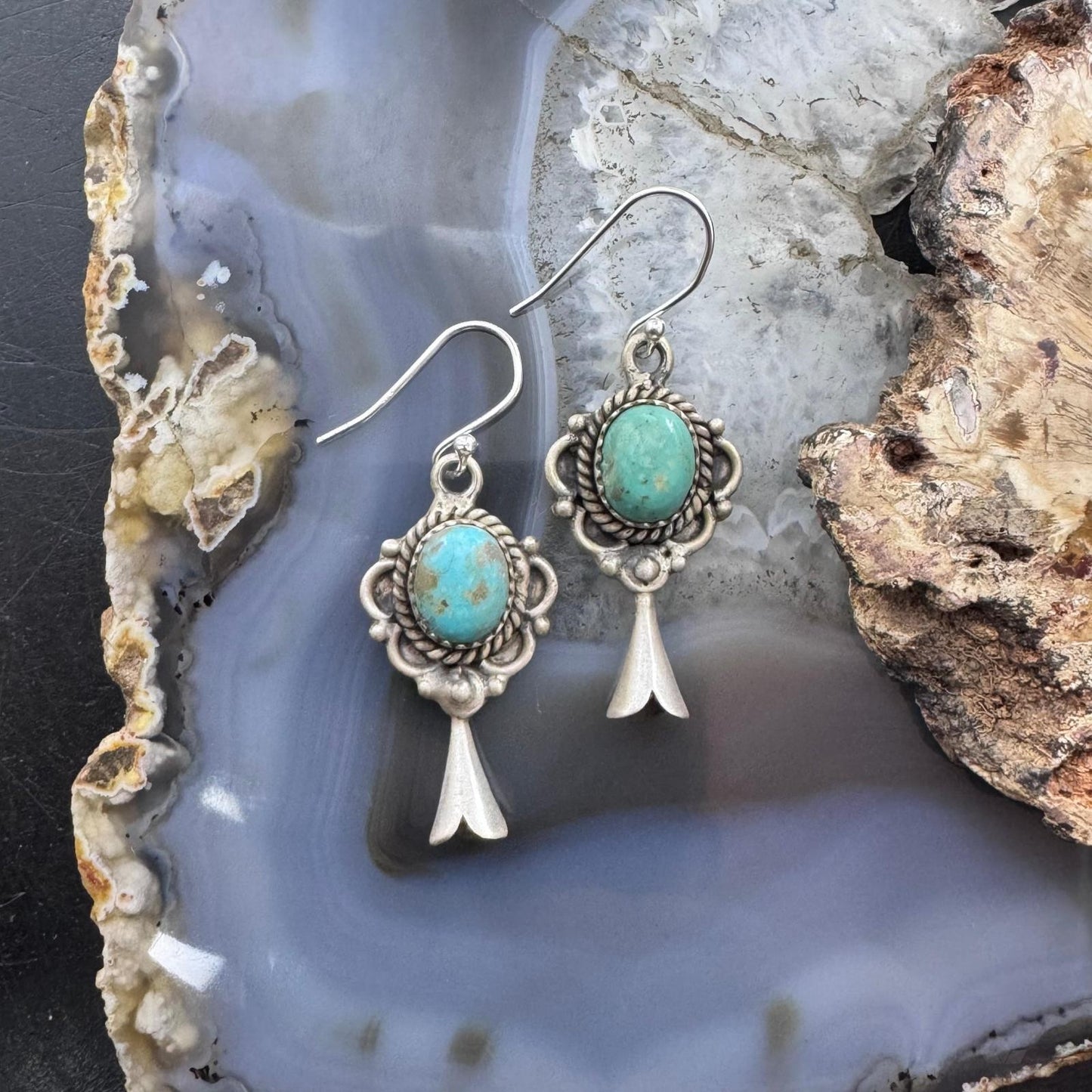 Sterling Silver Southwestern Style Turquoise Squash Blossom Decorated Dangle Earrings For Women