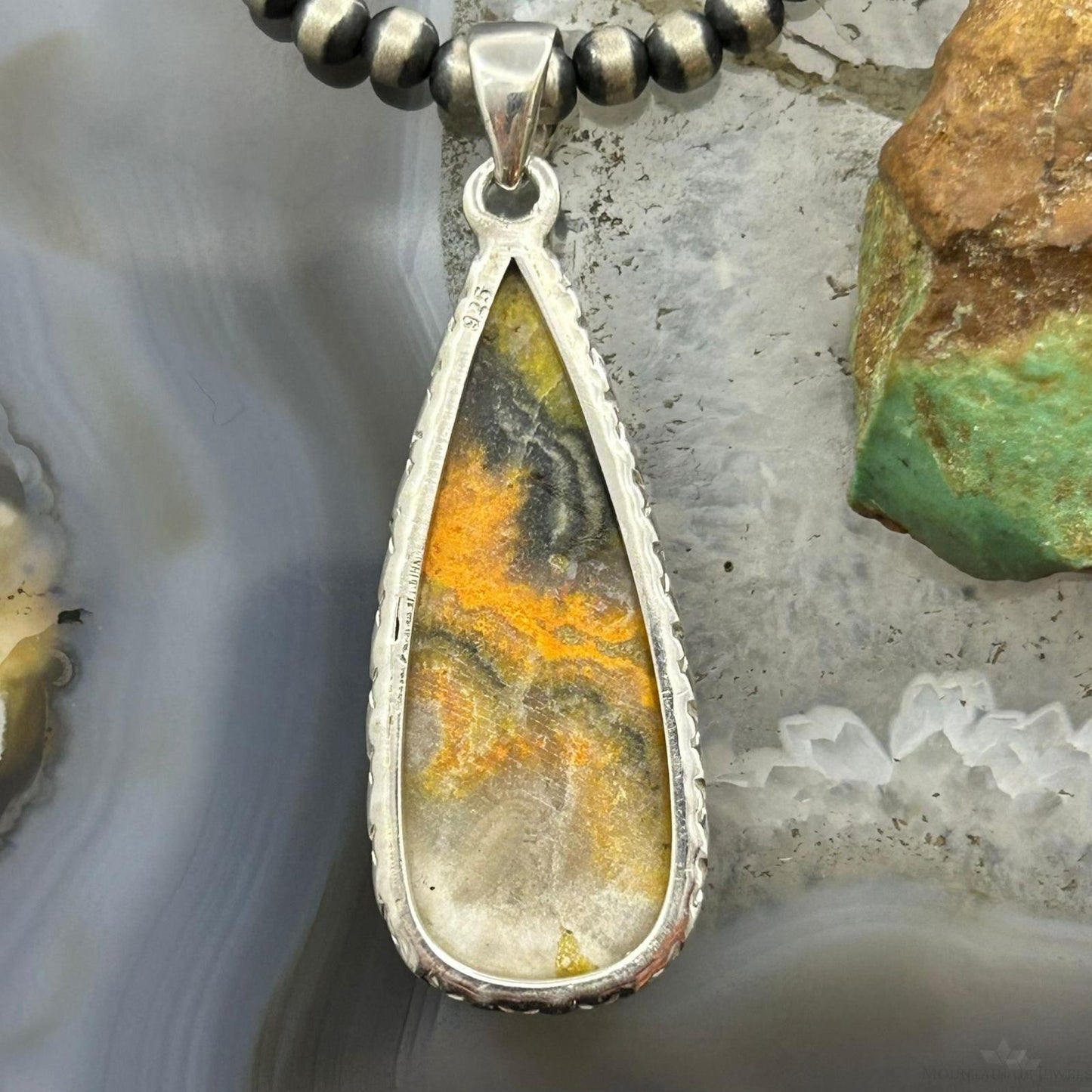 Sterling Silver Southwestern Style Teardrop Bumblebee Jasper Decorated Pendant For Women