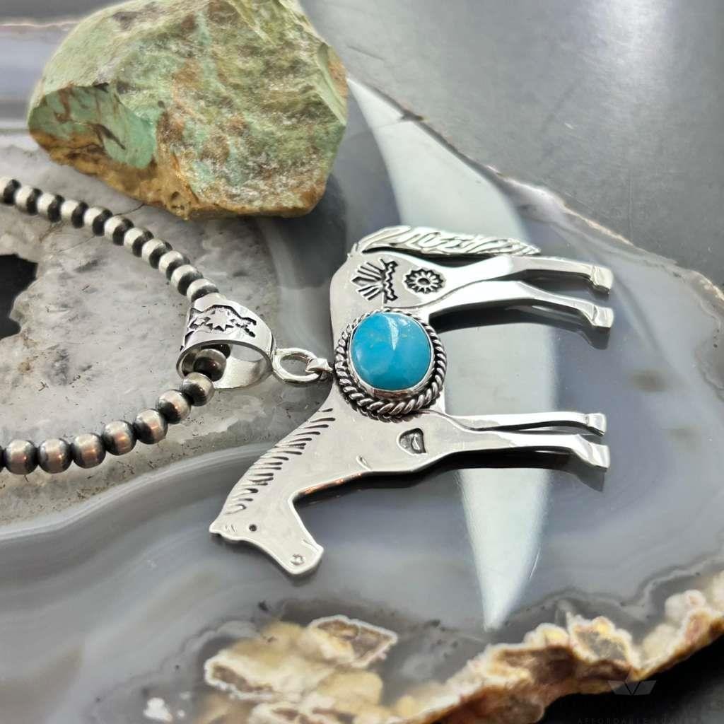 Sterling Silver Turquoise Stamped w/Indigenous Symbols Horse Unisex Pendant