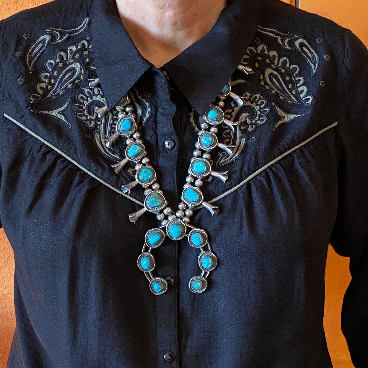 Antique Native American Silver Turquoise Squash Blossom Necklace For Women