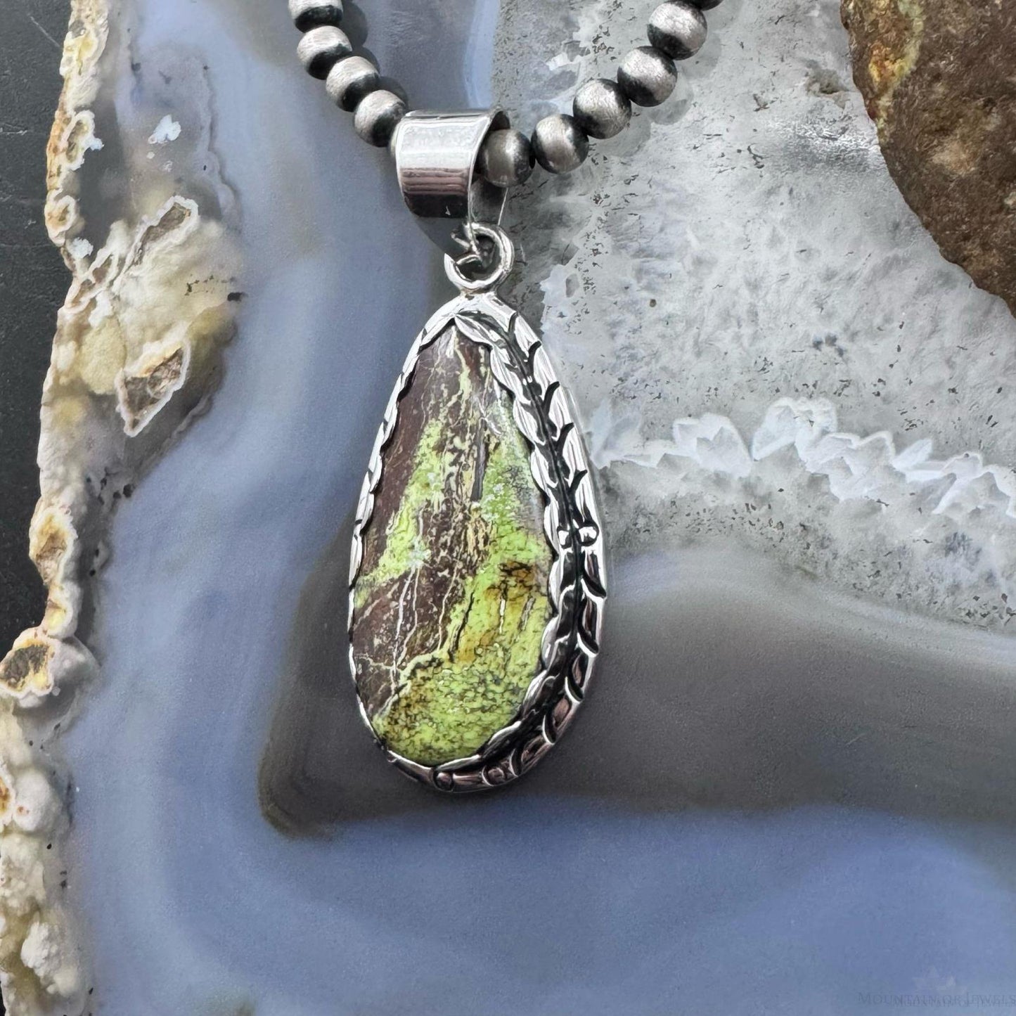 Native American Sterling Silver Teardrop Gaspeite Decorated Pendant For Women