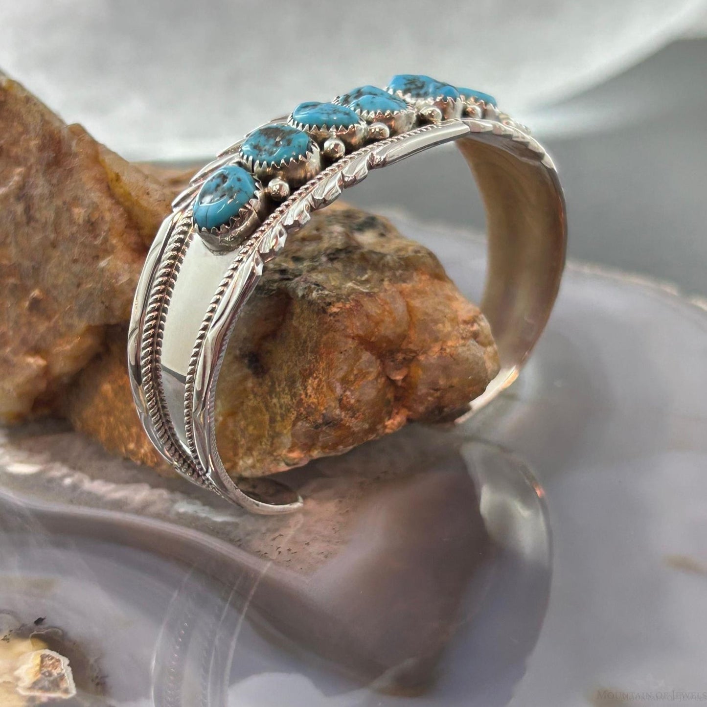 Anita Whitegoat Native American Sterling Silver Turquoise Row Bracelet For Women