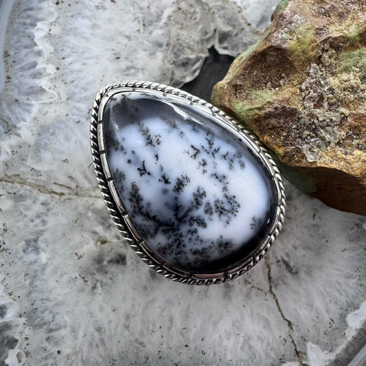 Sterling Silver Southwestern Style Large Teardrop Dendrite Agate Ring Size 10 For Women
