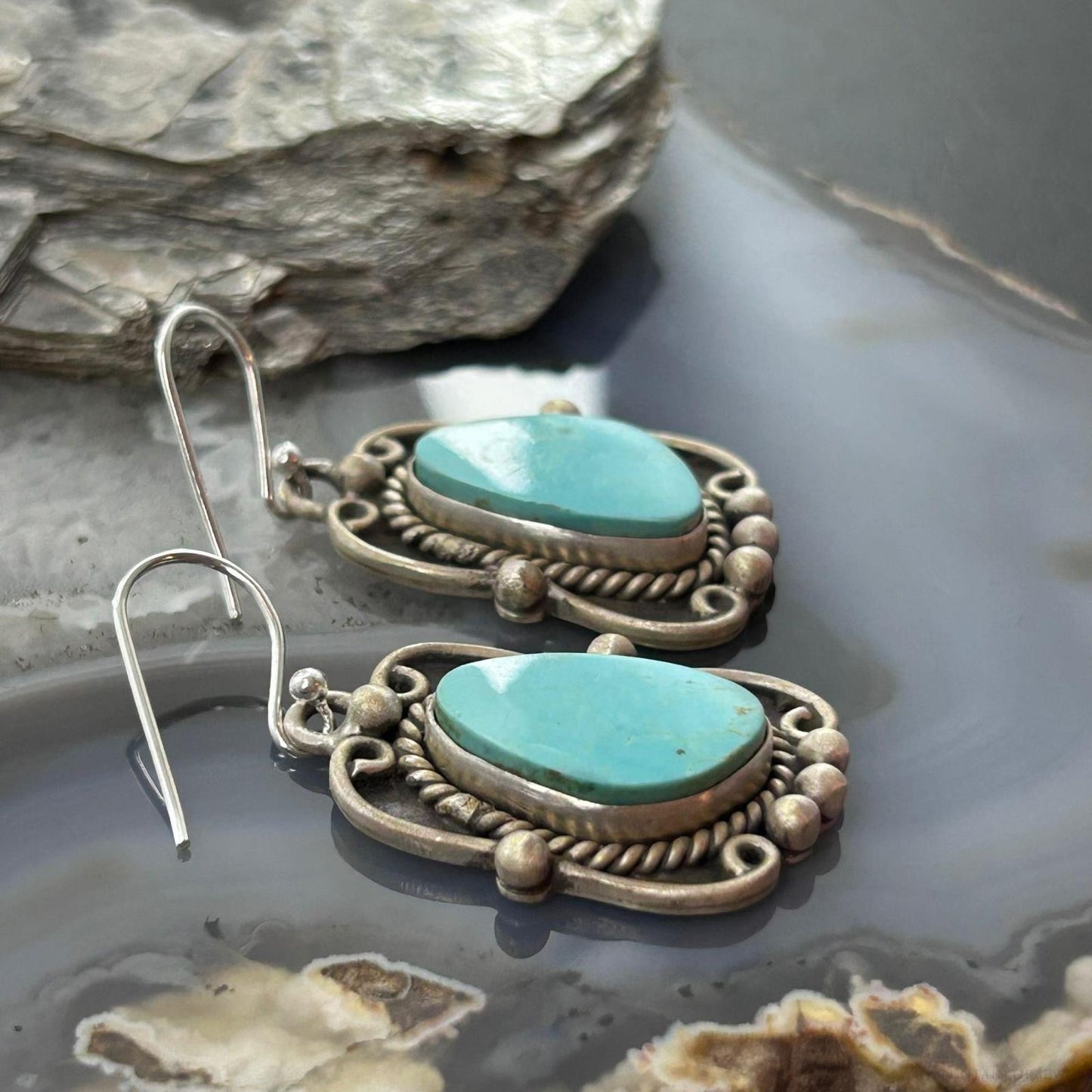 Sterling Silver Southwestern Style Turquoise Decorated Dangle Earrings For Women #2