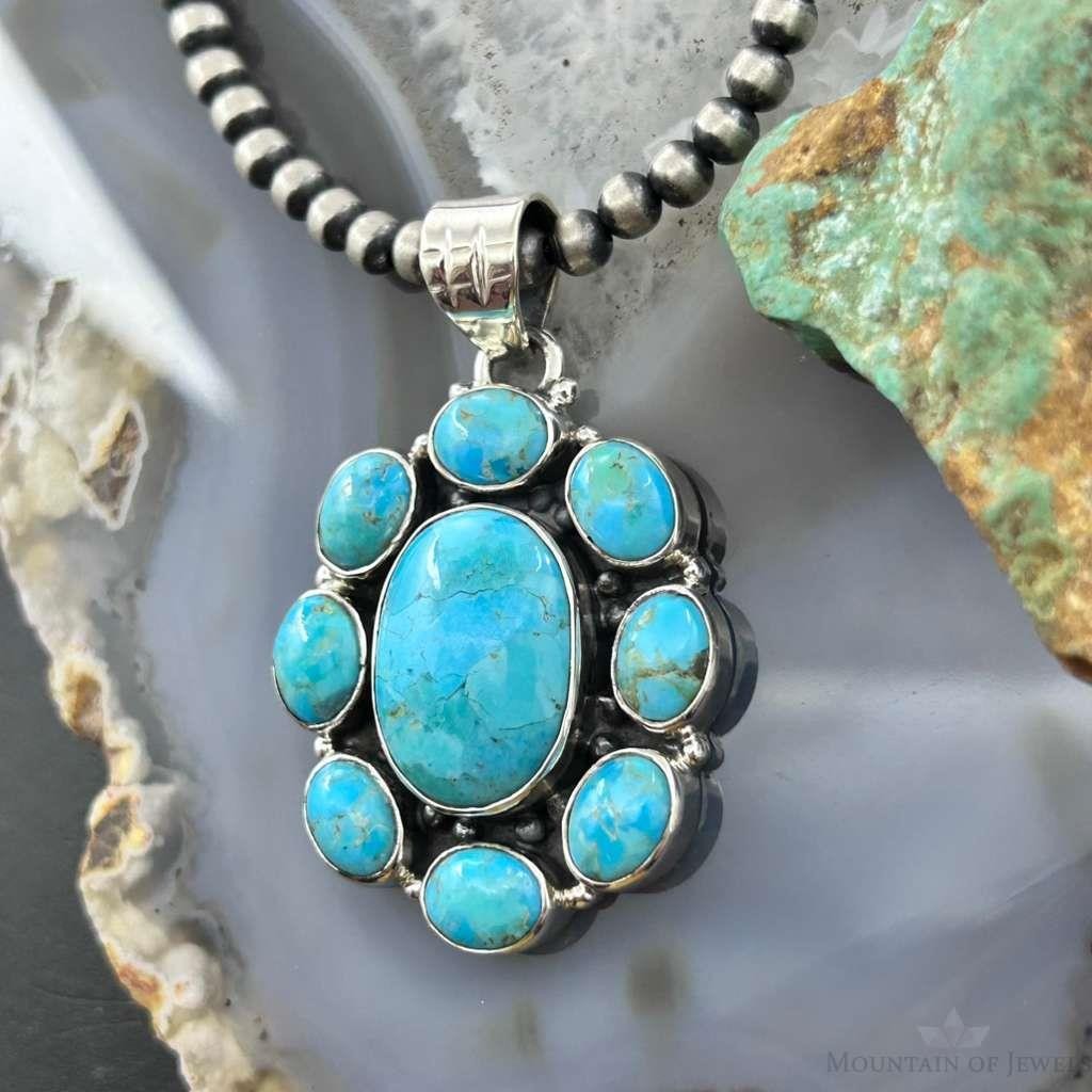 Sterling Silver Southwestern Style Mohave Turquoise Cluster Pendant For Women #1