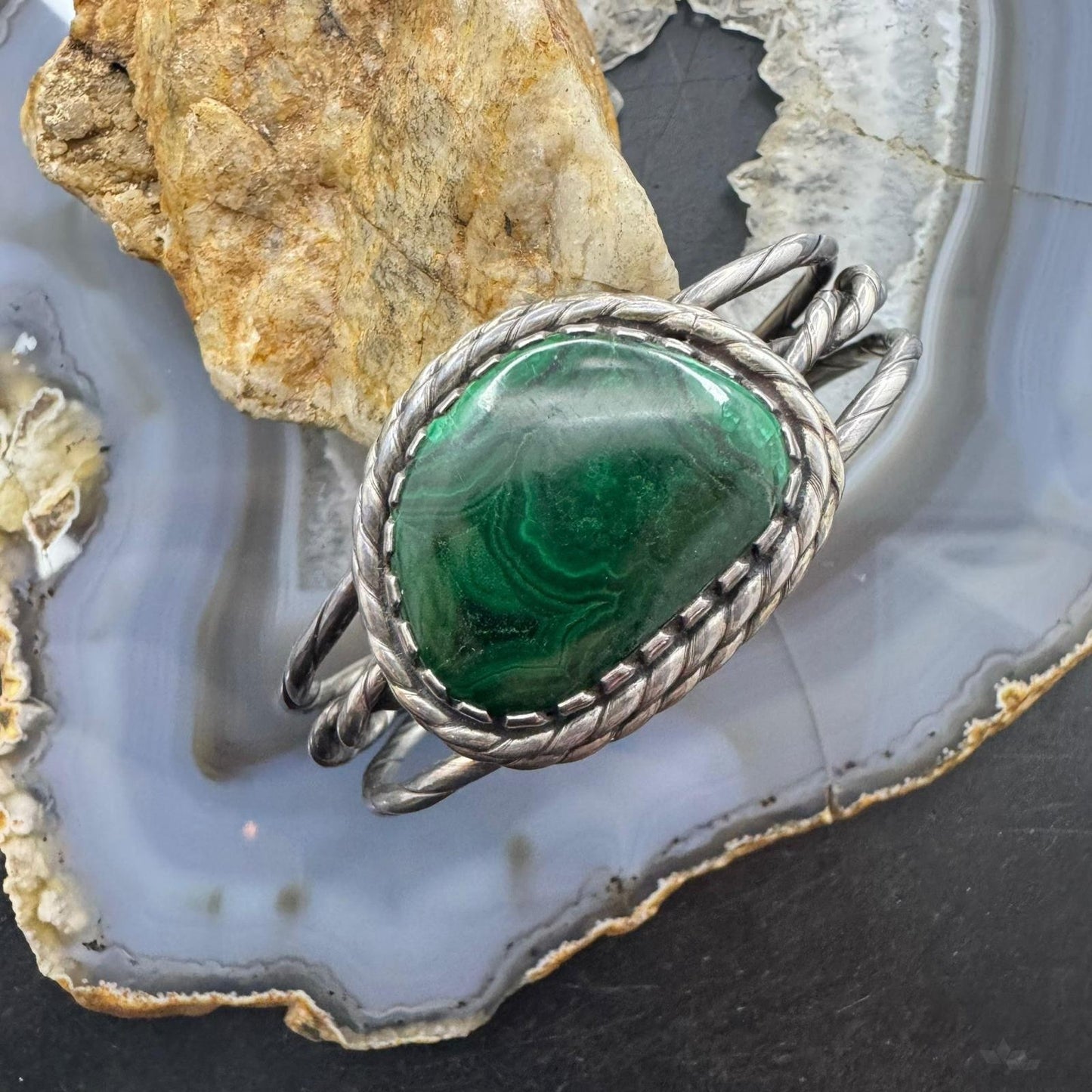 Vintage Taos Pueblo Native American Sterling Silver Malachite Bracelet For Women