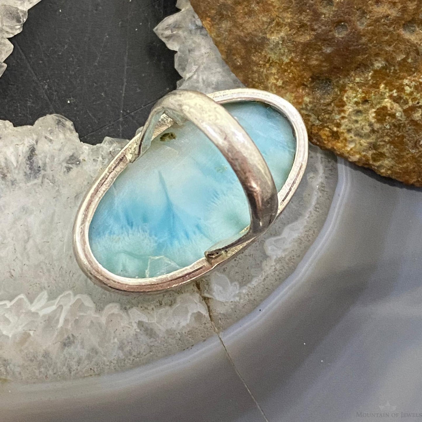 Sterling Silver Oval Larimar Split Shank Ring Size 7.75 For Women