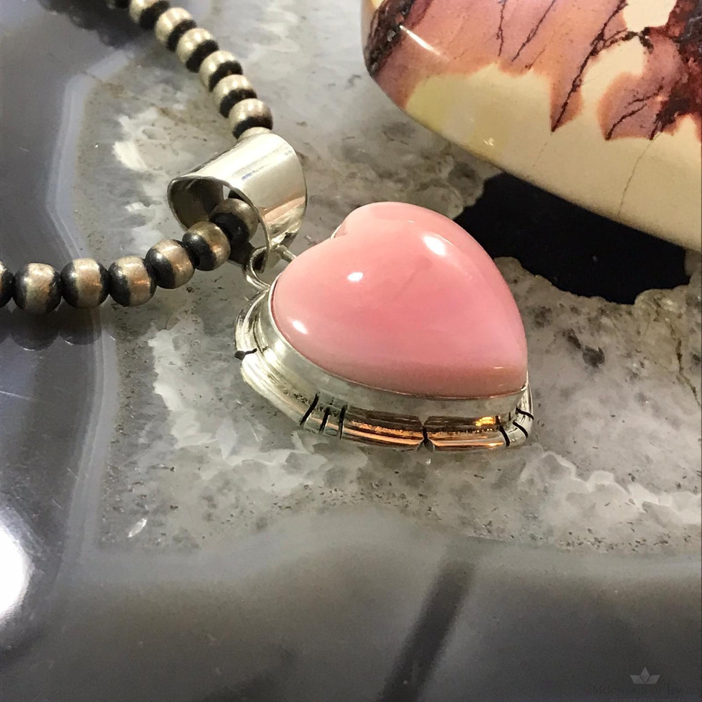 Samson Edsitty Native American Sterling Silver Pink Conch Heart Pendant For Women