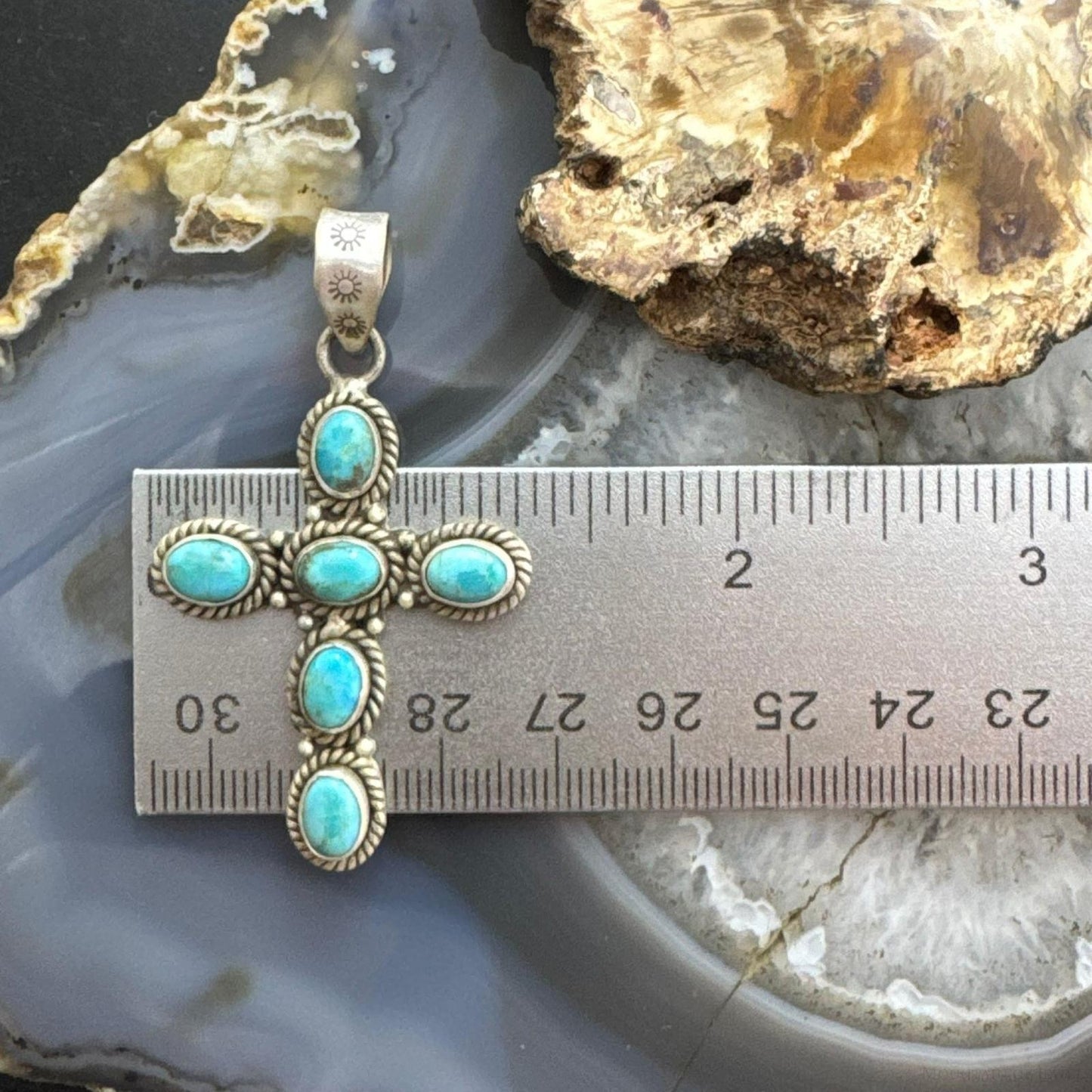 Sterling Silver Southwestern Style 6 Oval Turquoise Decorated Unisex Cross Pendant