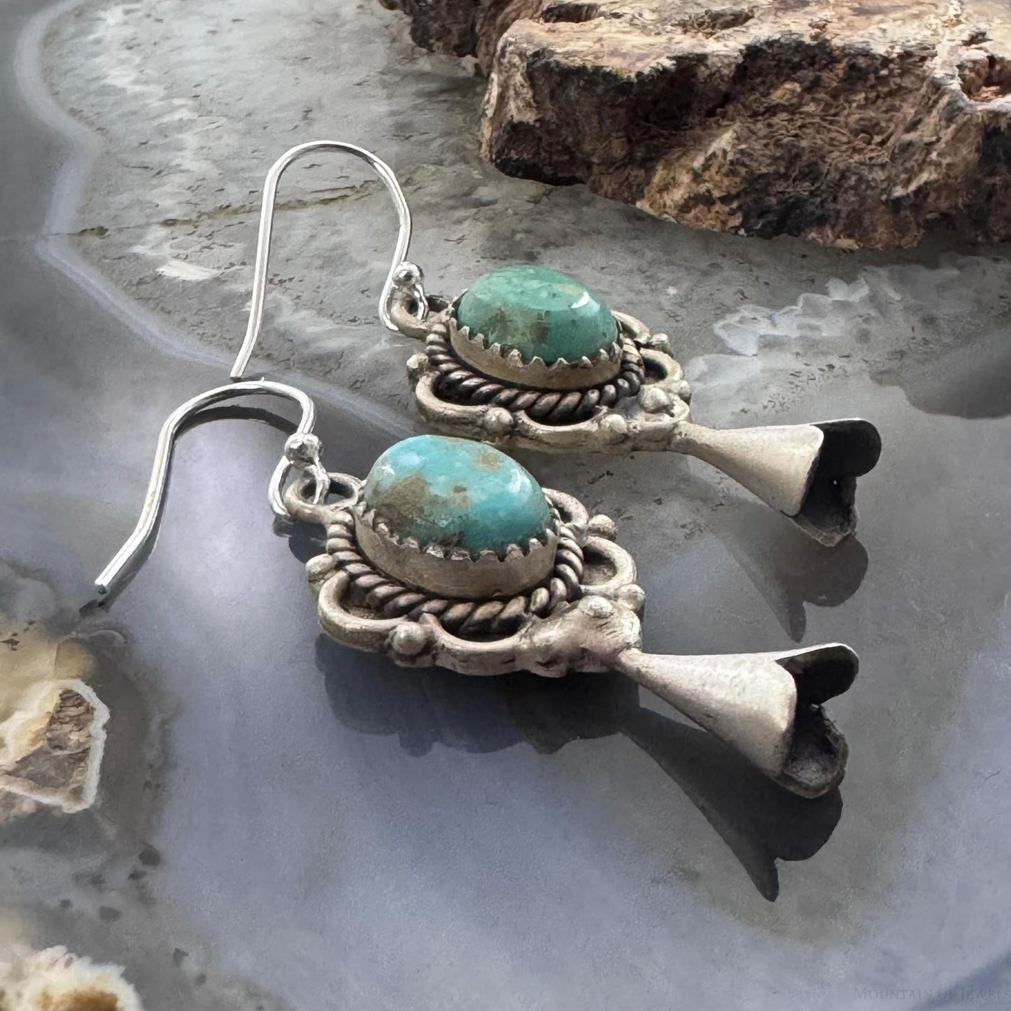 Sterling Silver Southwestern Style Turquoise Squash Blossom Decorated Dangle Earrings For Women