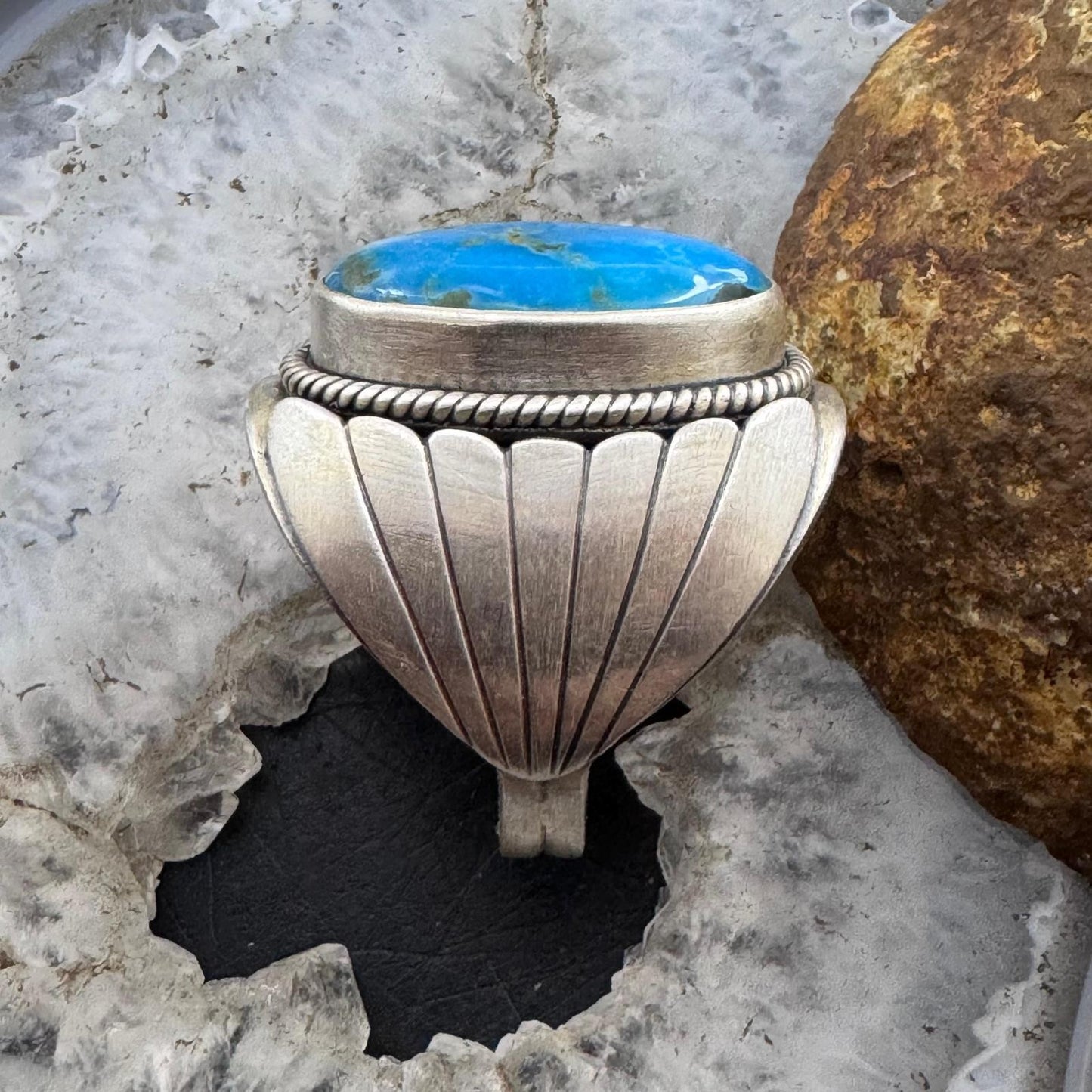 Native American Sterling Silver Oval Blue Ridge Turquoise Shield Ring Size 11 For Men