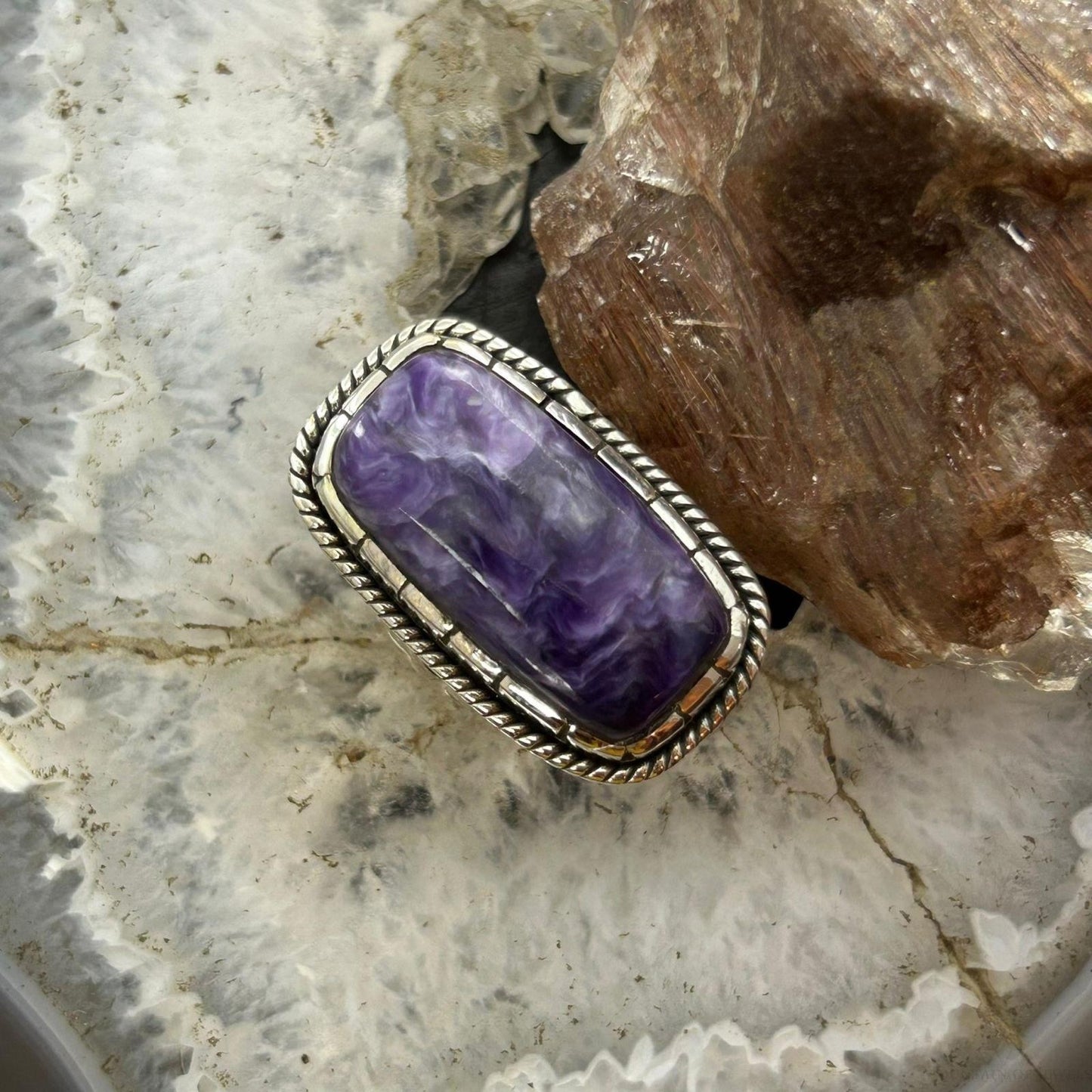 Sterling Silver Southwestern Style Rectangle Charoite Ring Size 6.25 For Women