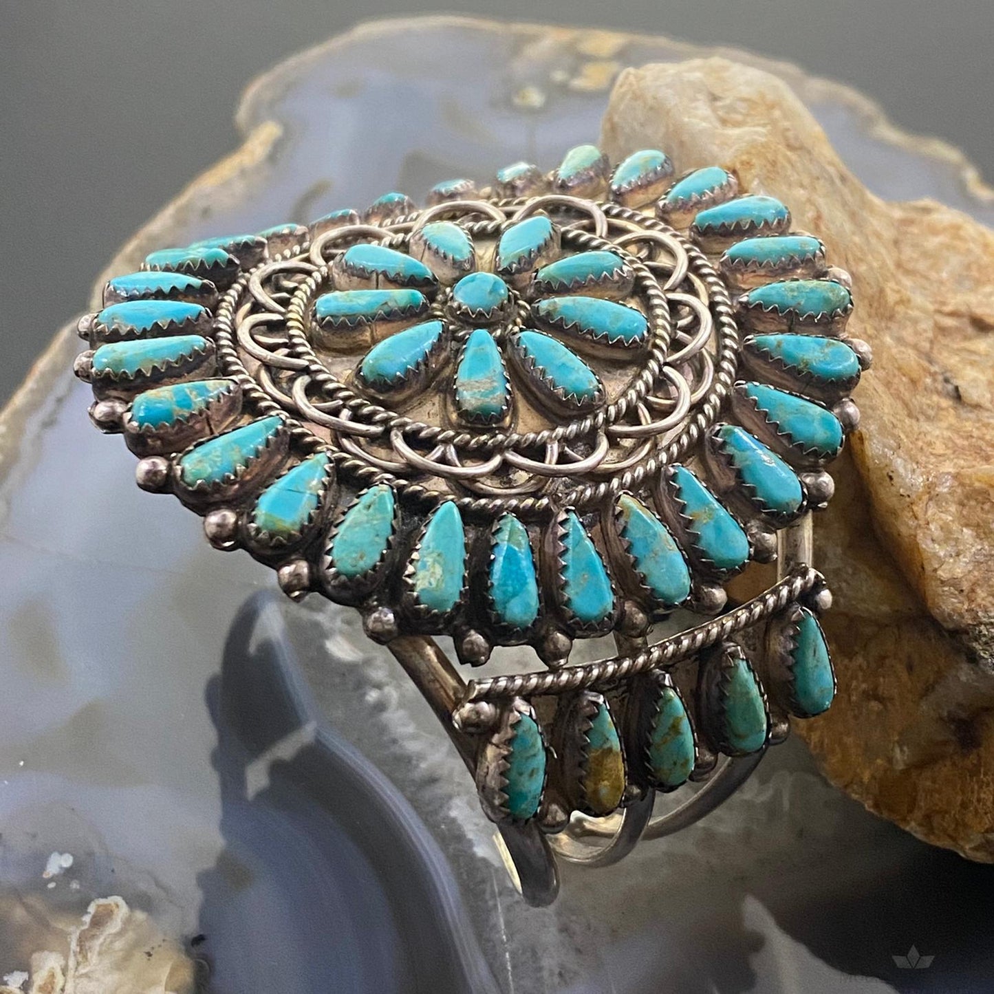 Vintage Native American Sterling Silver Cluster Turquoise Bracelet For Women