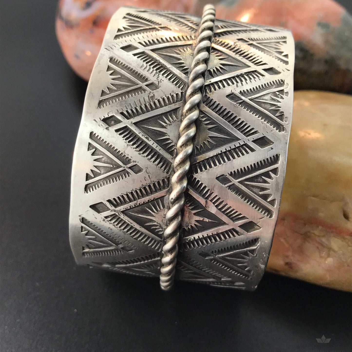 Tawney Cruz-Willie Native American Sterling Silver Hand Stamped Wide Bracelet