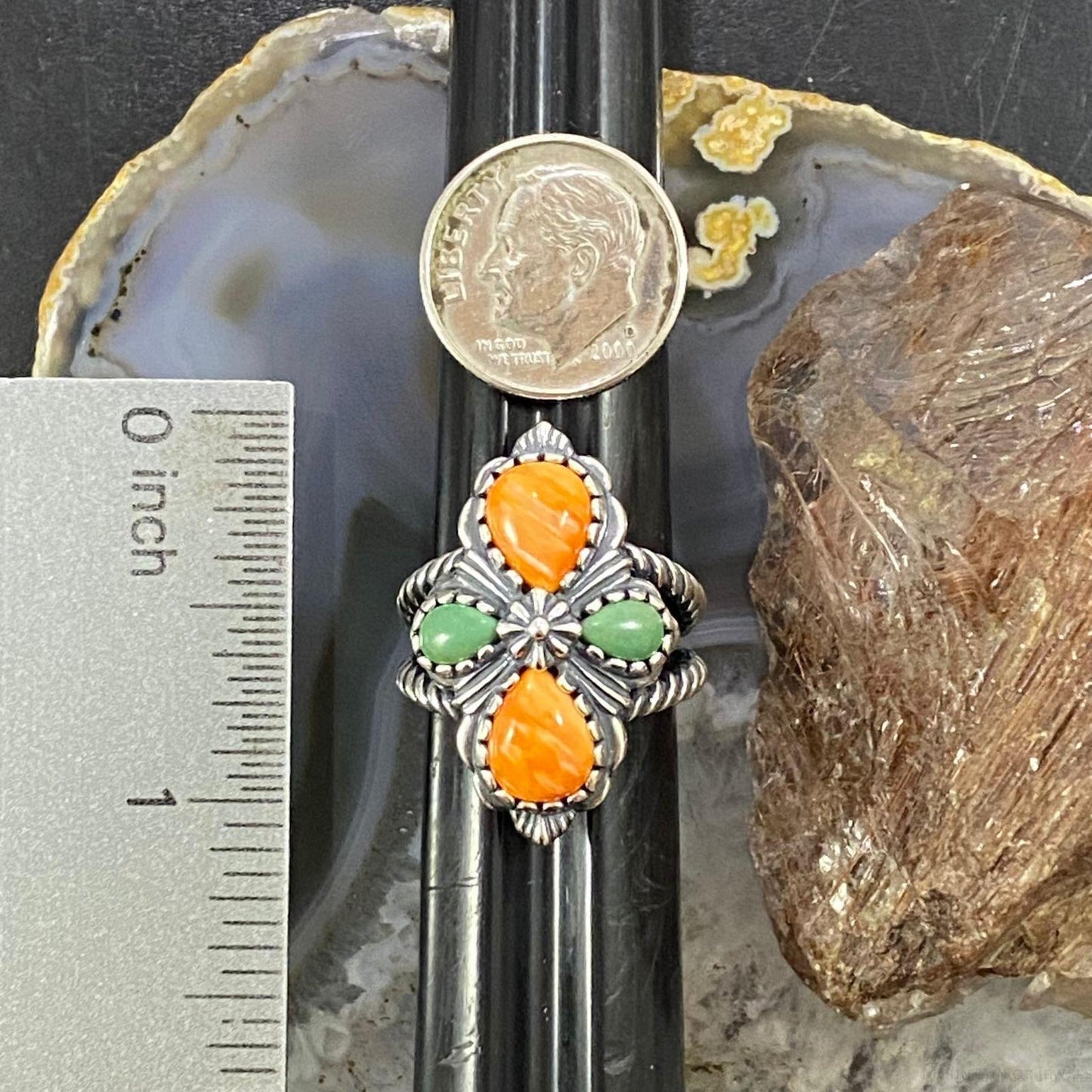 Carolyn Pollack Southwestern Style Sterling Silver Orange Spiny Oyster & Gaspeite Cross Ring For Women