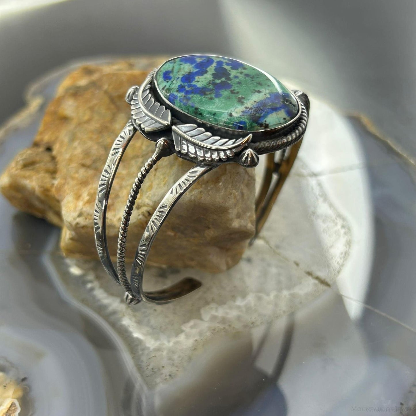 Sterling Silver Southwestern Style Oval Azurite Decorated Bracelet For Women