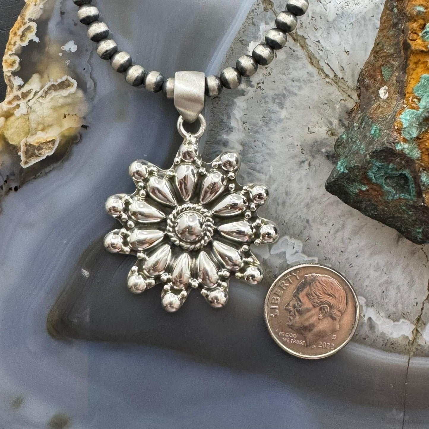 Southwestern Style Sterling Silver Decorated Cluster Floral Pendant For Women
