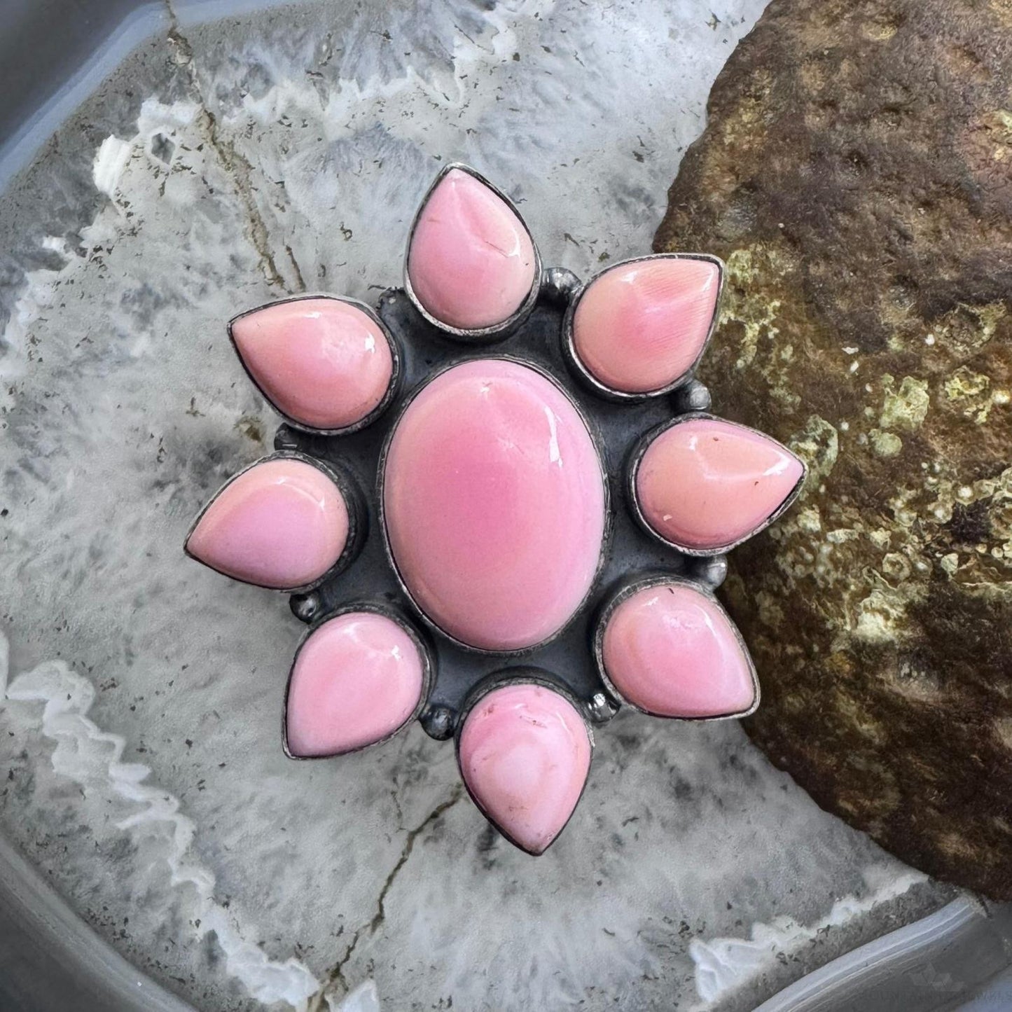 Native American Sterling Silver Pink Conch Adjustable Cluster Ring For Women