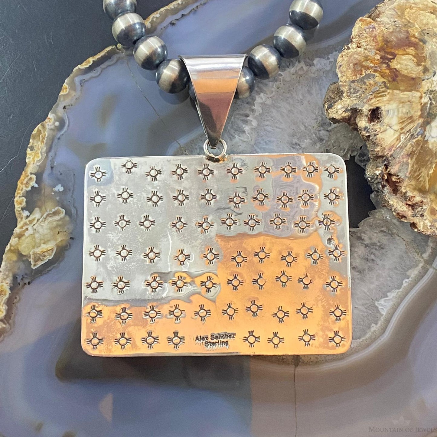Alex Sanchez Native American Sterling Silver Teardrop Plum Root Jasper Rectangle Petroglyph Pendant