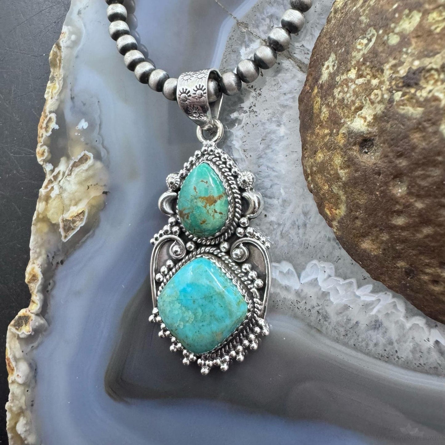 Sterling Silver Southwestern Style 2 Turquoise Decorated Large Pendant For Women