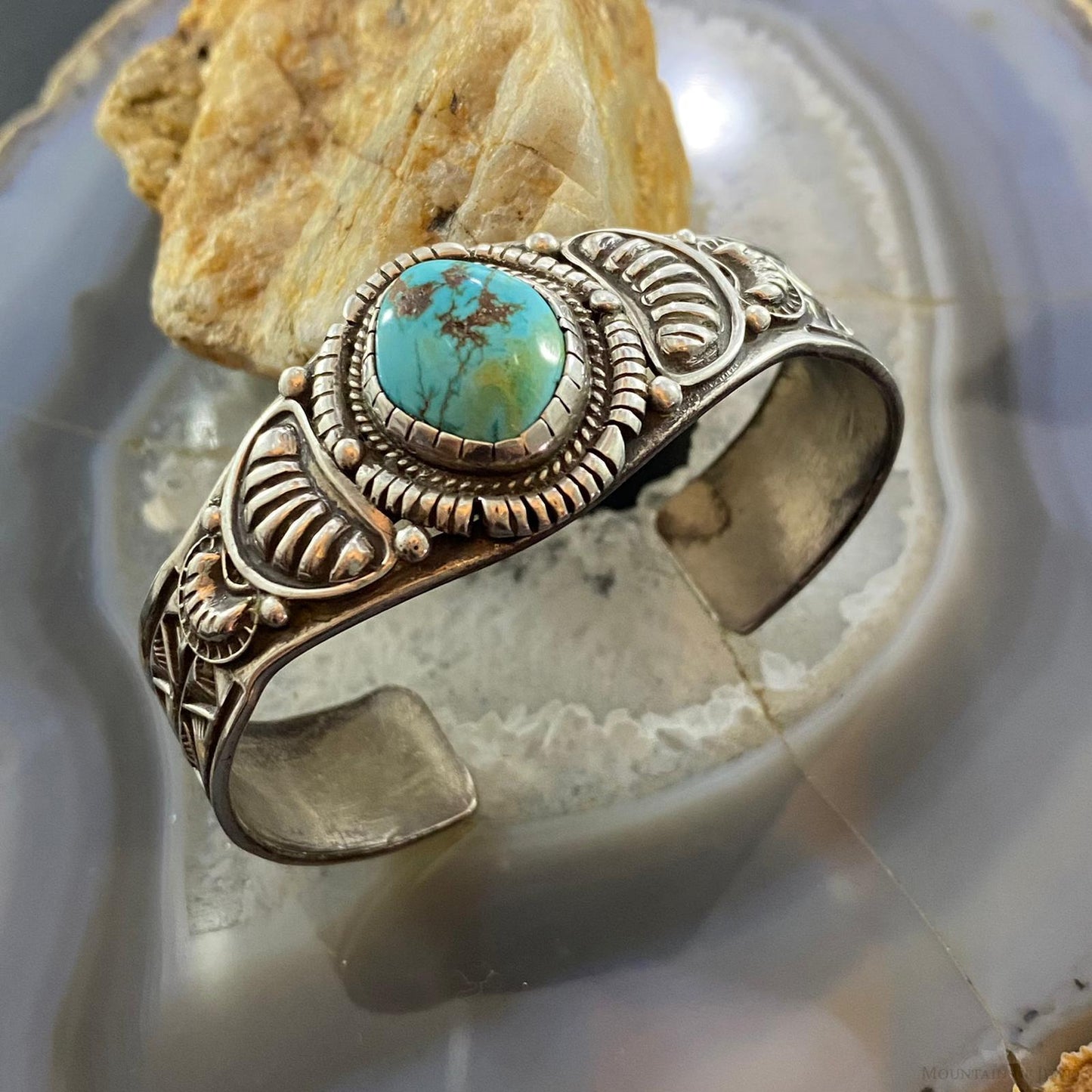 Vintage Signed Native American Sterling Turquoise Decorated Bracelet For Women