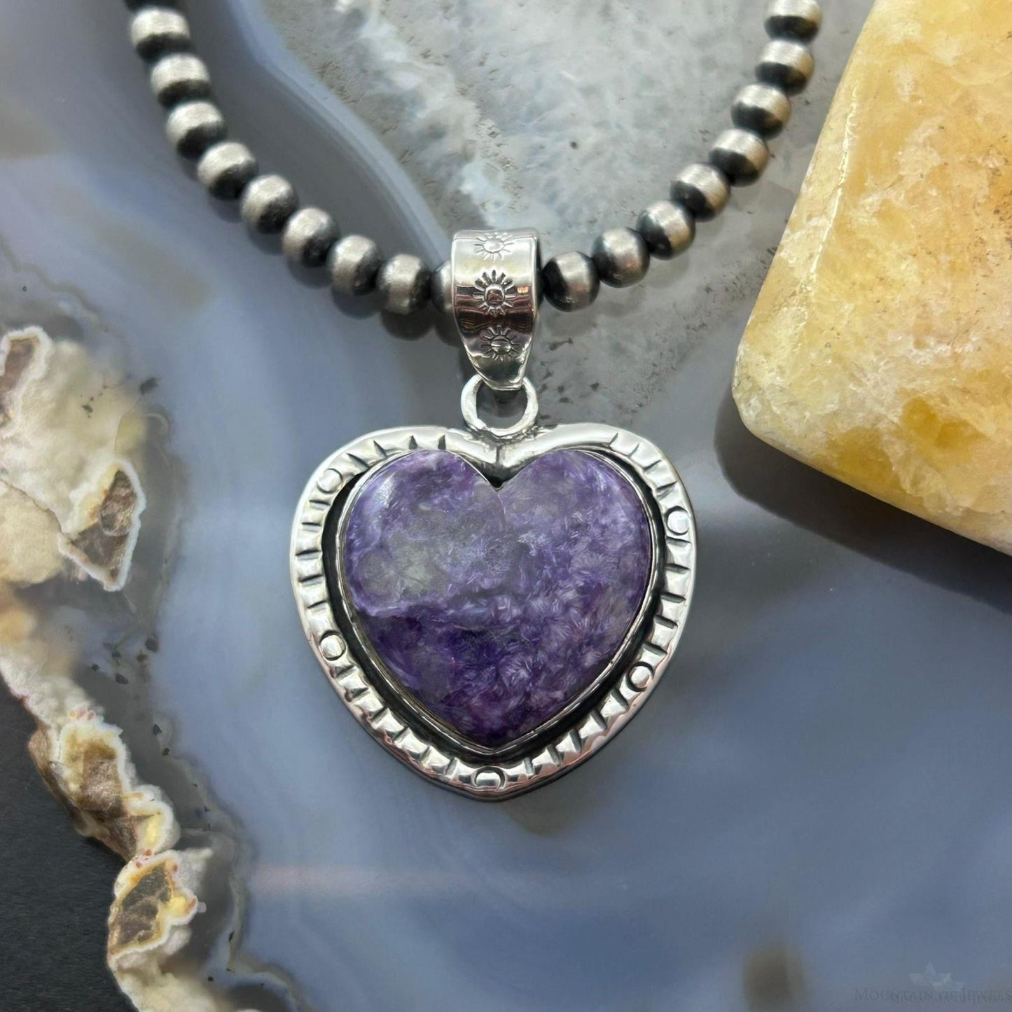 Sterling Silver Southwestern Style Charoite Decorated Heart Pendant For Women #1