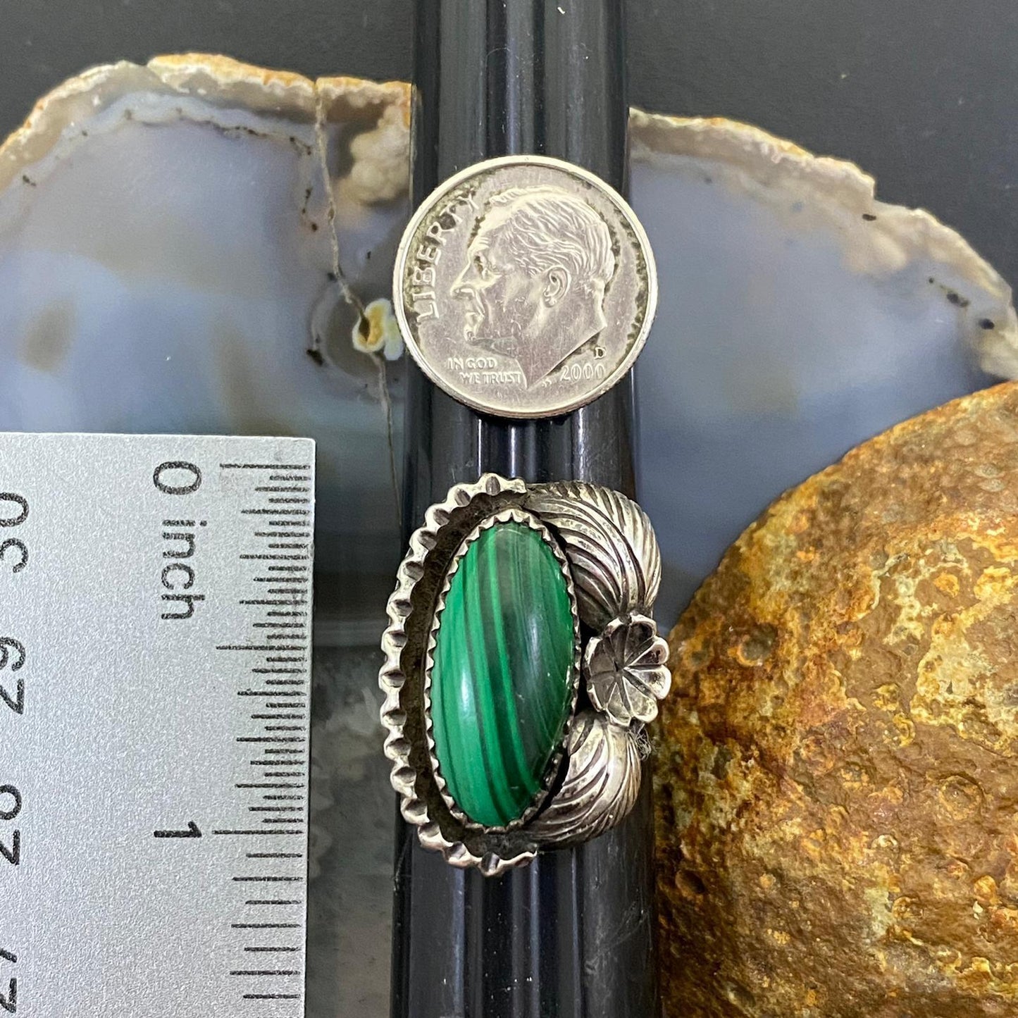 Vintage Native American Silver Oval Malachite Ornate Ring Size 7.5 For Women