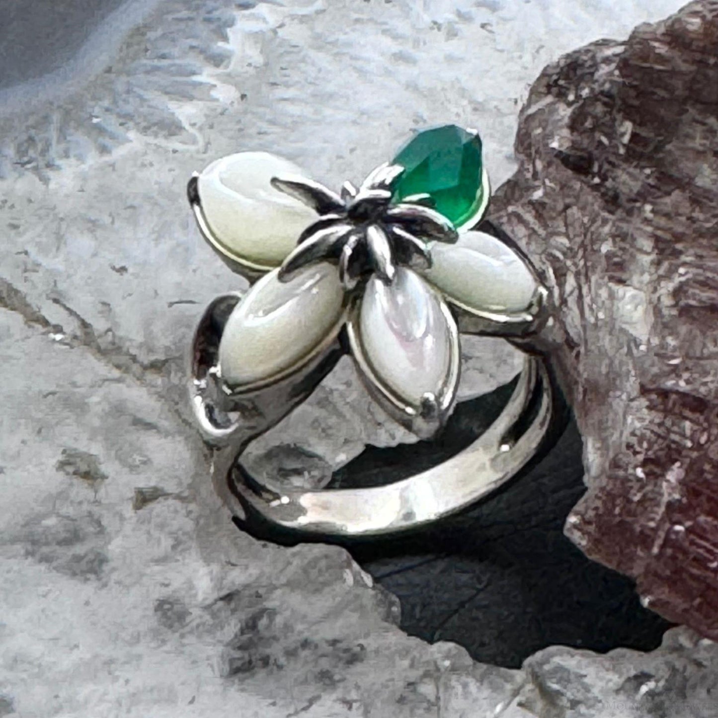 Carolyn Pollack Sterling Silver Moonstone & Emerald Decorated Flower Ring For Women