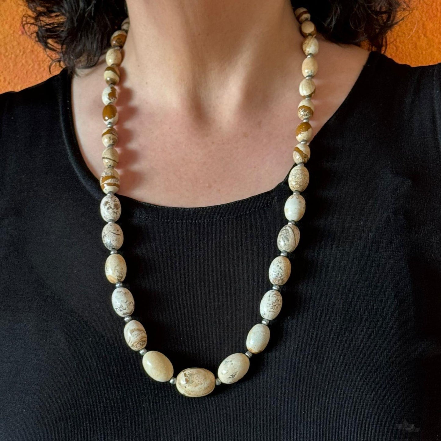 Carolyn Pollack Sterling Silver Egg Shape Picture Jasper Beaded Necklace For Women