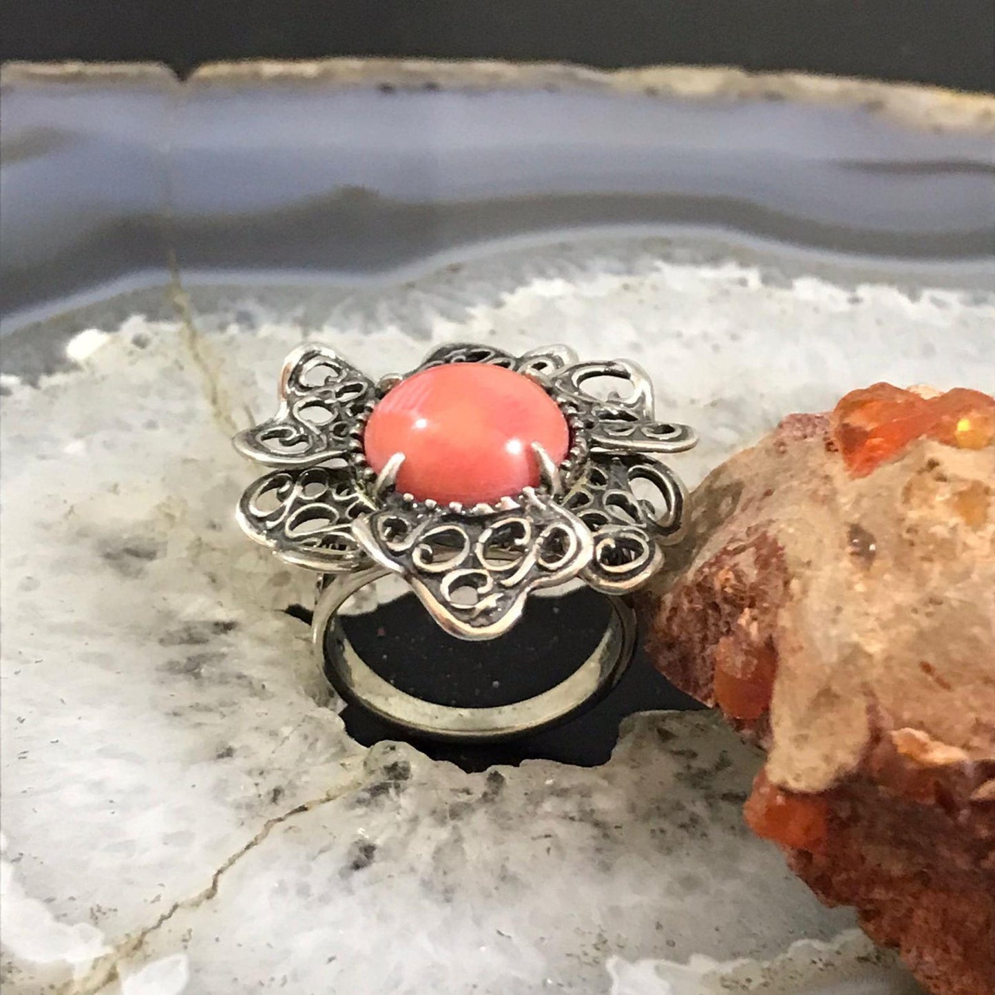Carolyn Pollack Sterling Silver Oval Pink Coral Decorated Ring Size 7 For Women