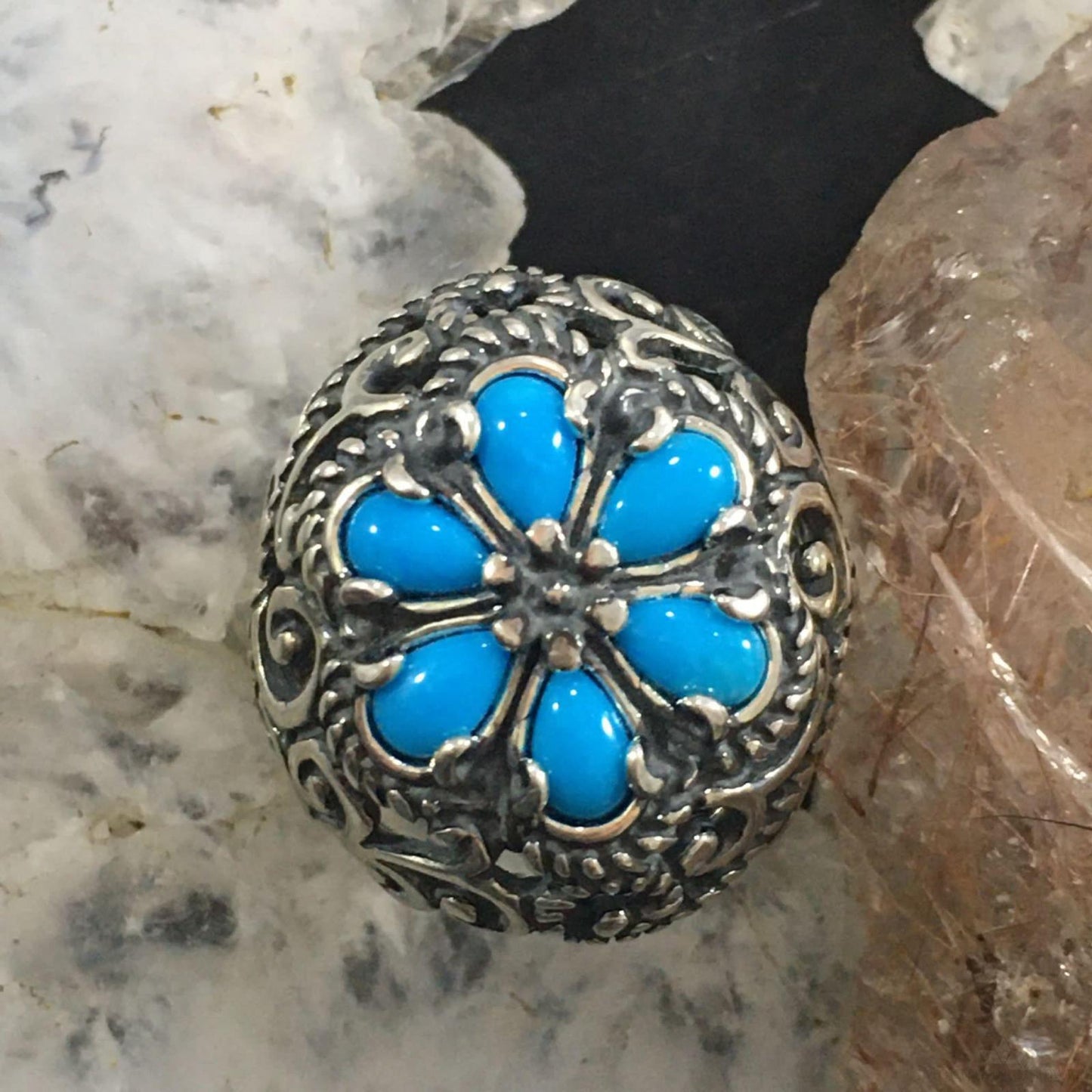 Carolyn Pollack Southwestern Style Sterling Silver 6 Turquoise Flower Ring For Women