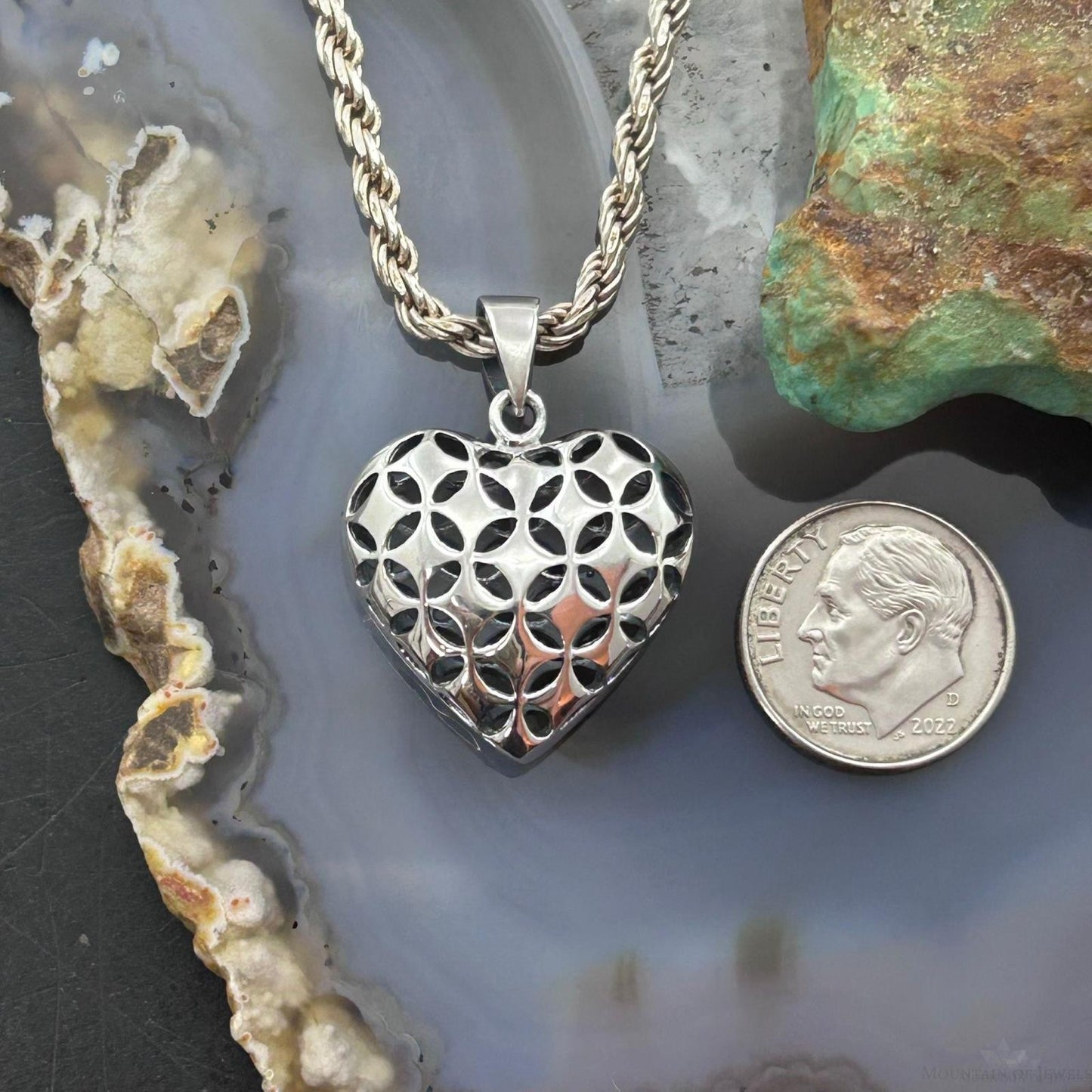 Sterling Silver Lattice Cut Out Hollowed Heart Pendant For Women