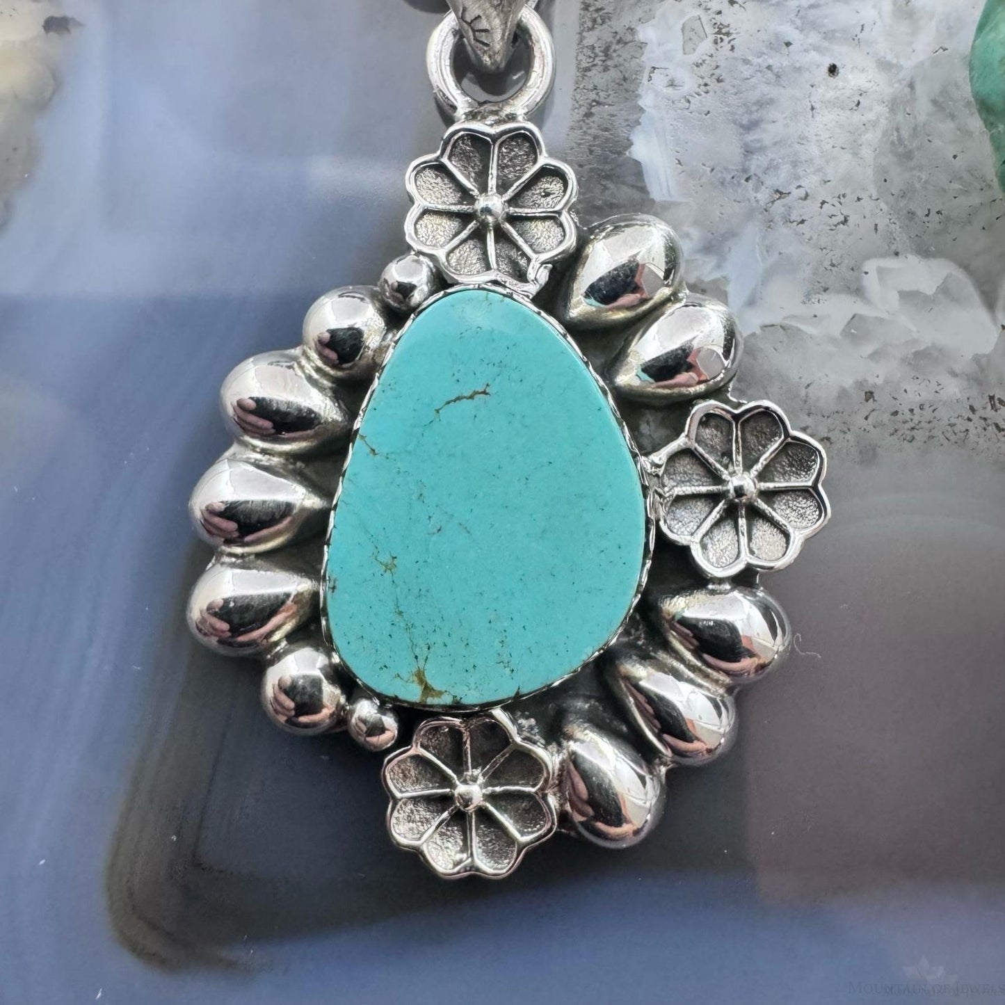 Sterling Silver Southwestern Style Teardrop Turquoise Decorated Pendant For Women