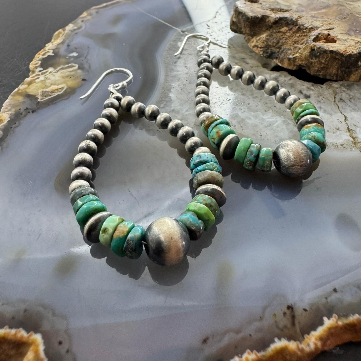 Sterling Silver 4-8mm Navajo Pearl Southwester Style & Turquoise Bead Hoop Earrings For Women