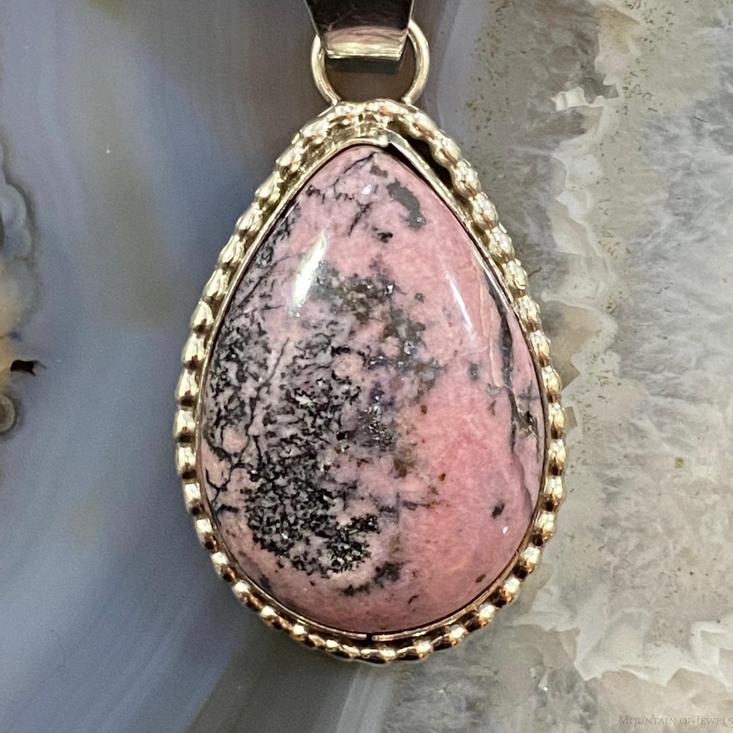 Native American Sterling Silver Rhodonite Teardrop Decorated Pendant For Women