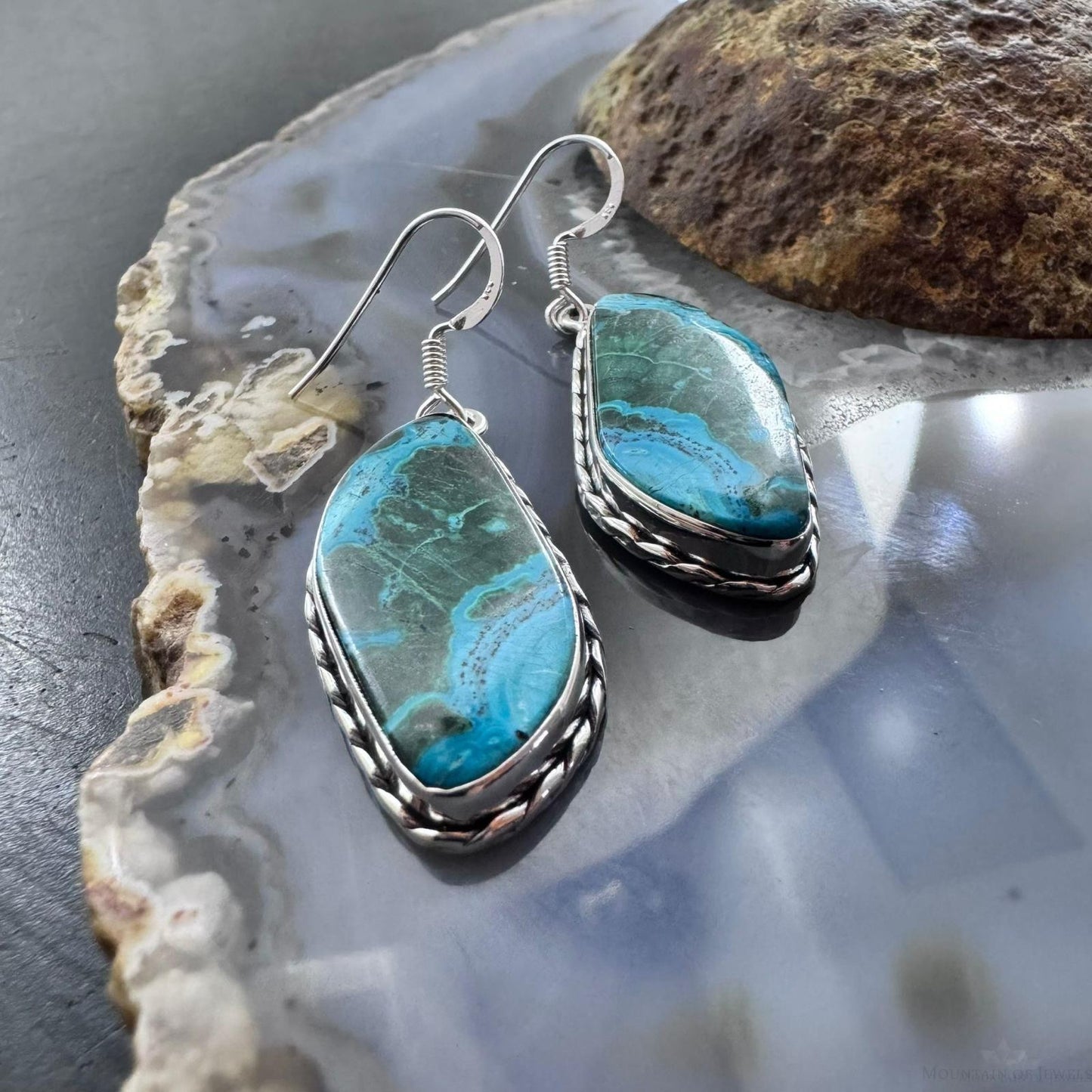 Sterling Silver Southwestern Style Tilde Malachite Azurite Dangle Earrings For Women