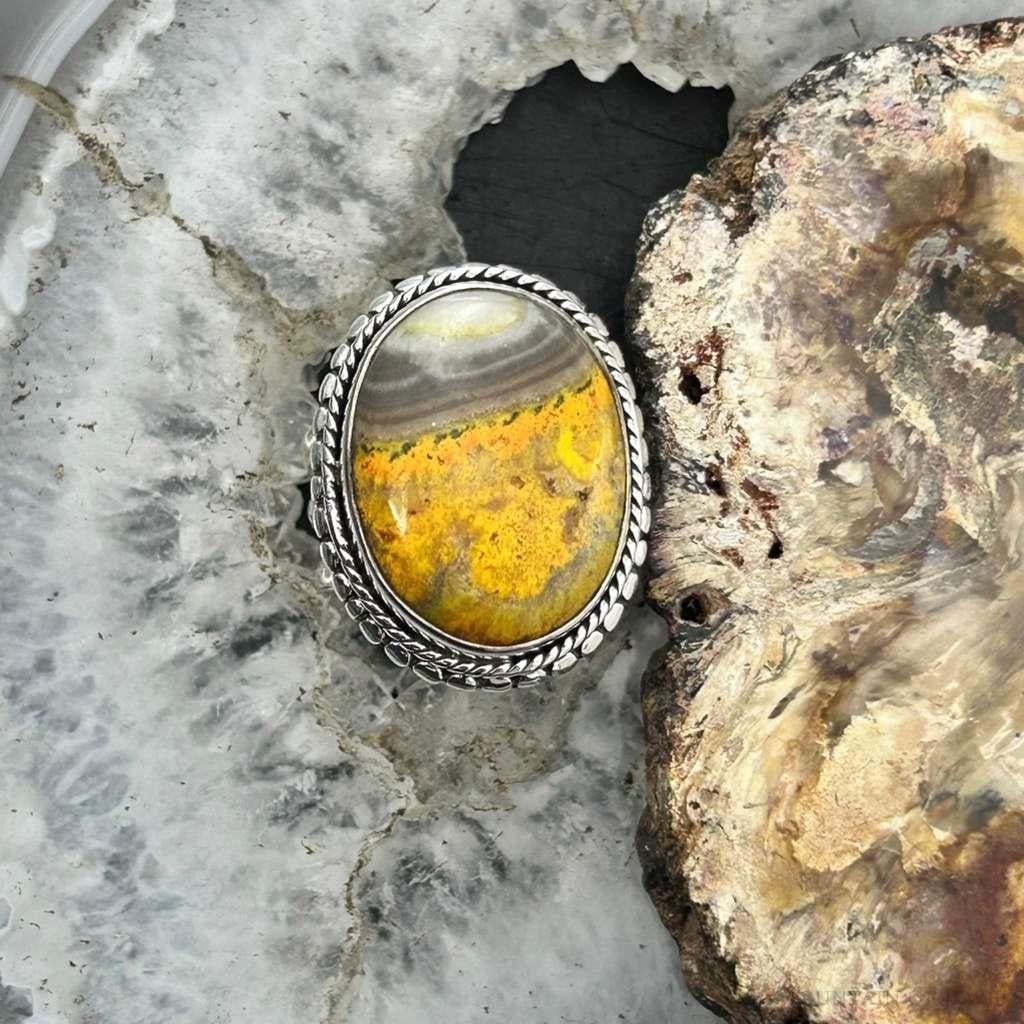 Sterling Silver Southwestern Style Oval Yellow Jasper Decorated Ring Size 6.75 For Women