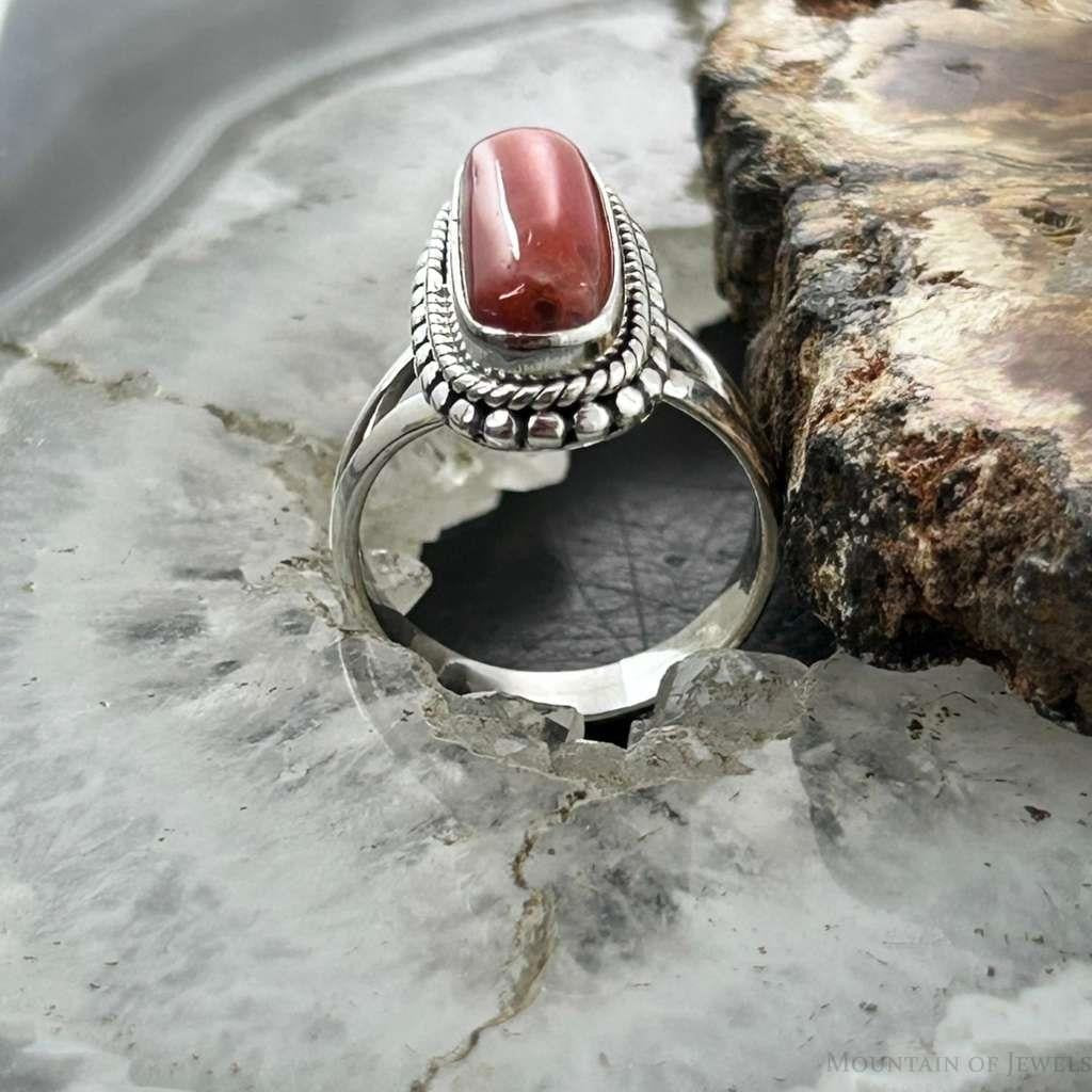 Sterling Silver Southwestern Style Coral Decorated Ring Size 5.75 For Women