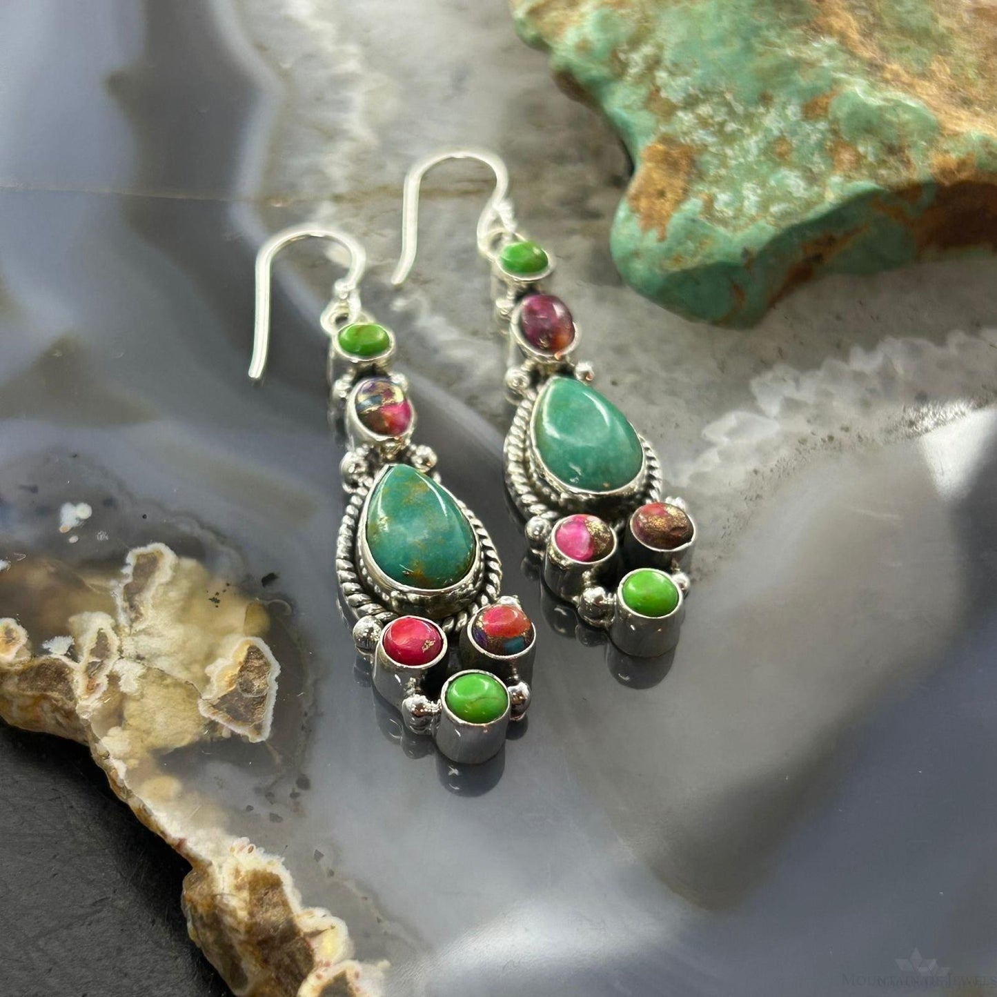 Sterling Silver Southwestern Style Multistone Dangle Earrings For Women