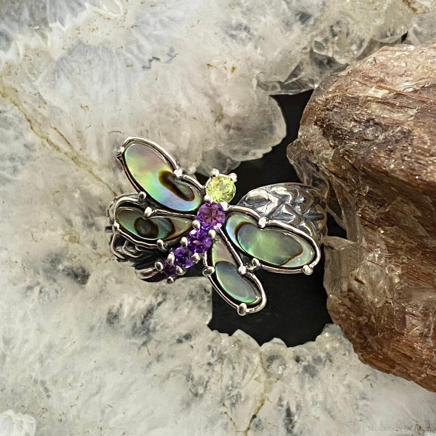 Carolyn Pollack Southwestern Style Sterling Silver Abalone, Amethyst & Peridot Dragonfly Ring For Women