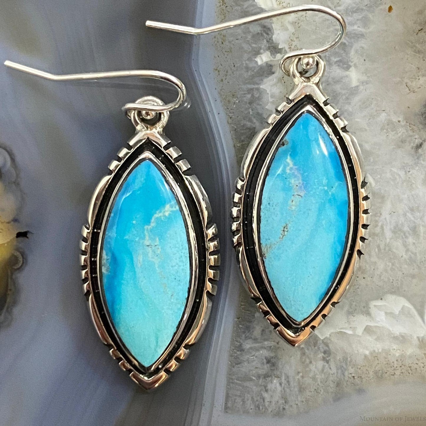 Native American Sterling Silver Marquise Blue Ridge Turquoise Dangle Earrings For Women #1
