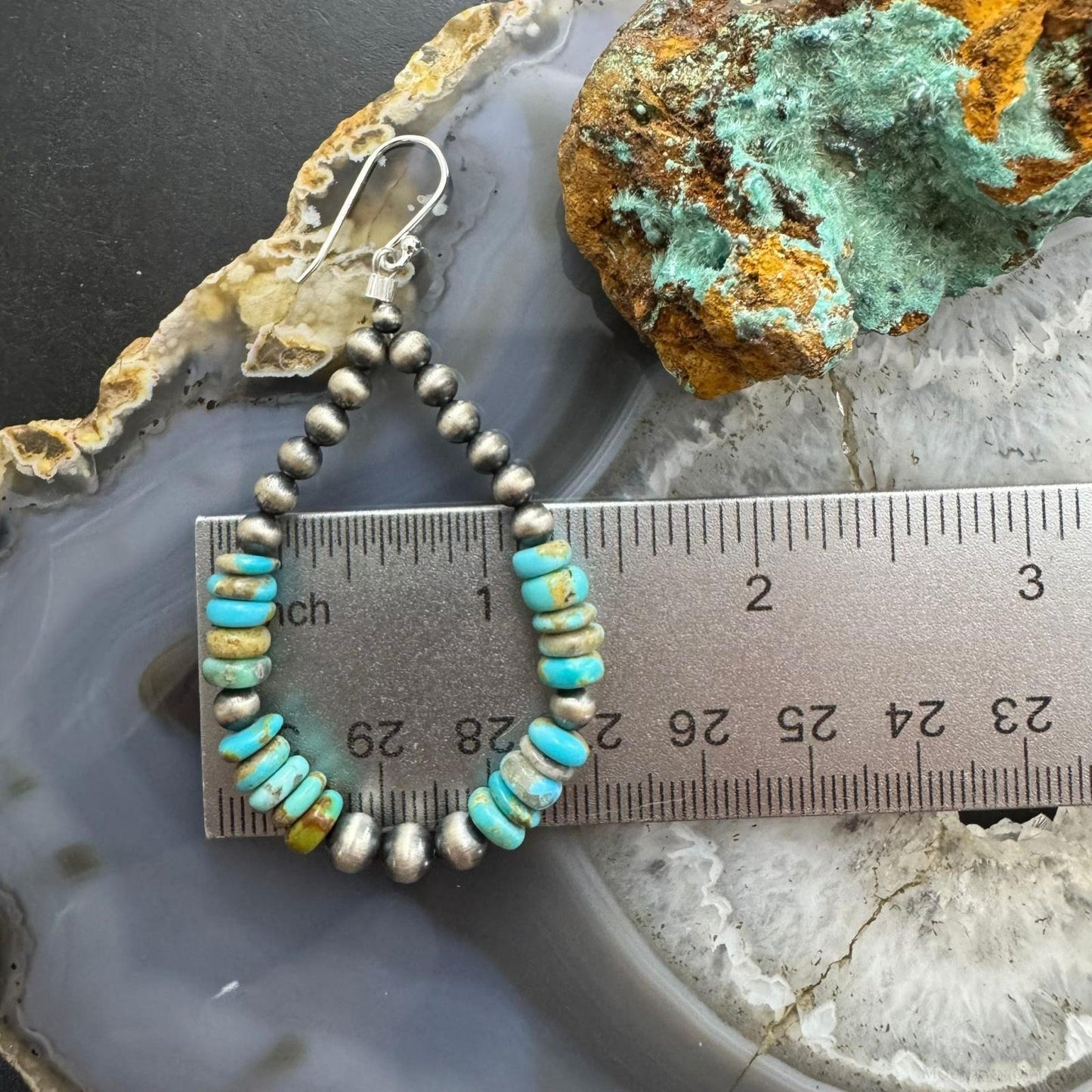 Sterling Silver 4mm Navajo Pearl Southwester Style & 6mm Turquoise Bead Hoop Earrings For Women