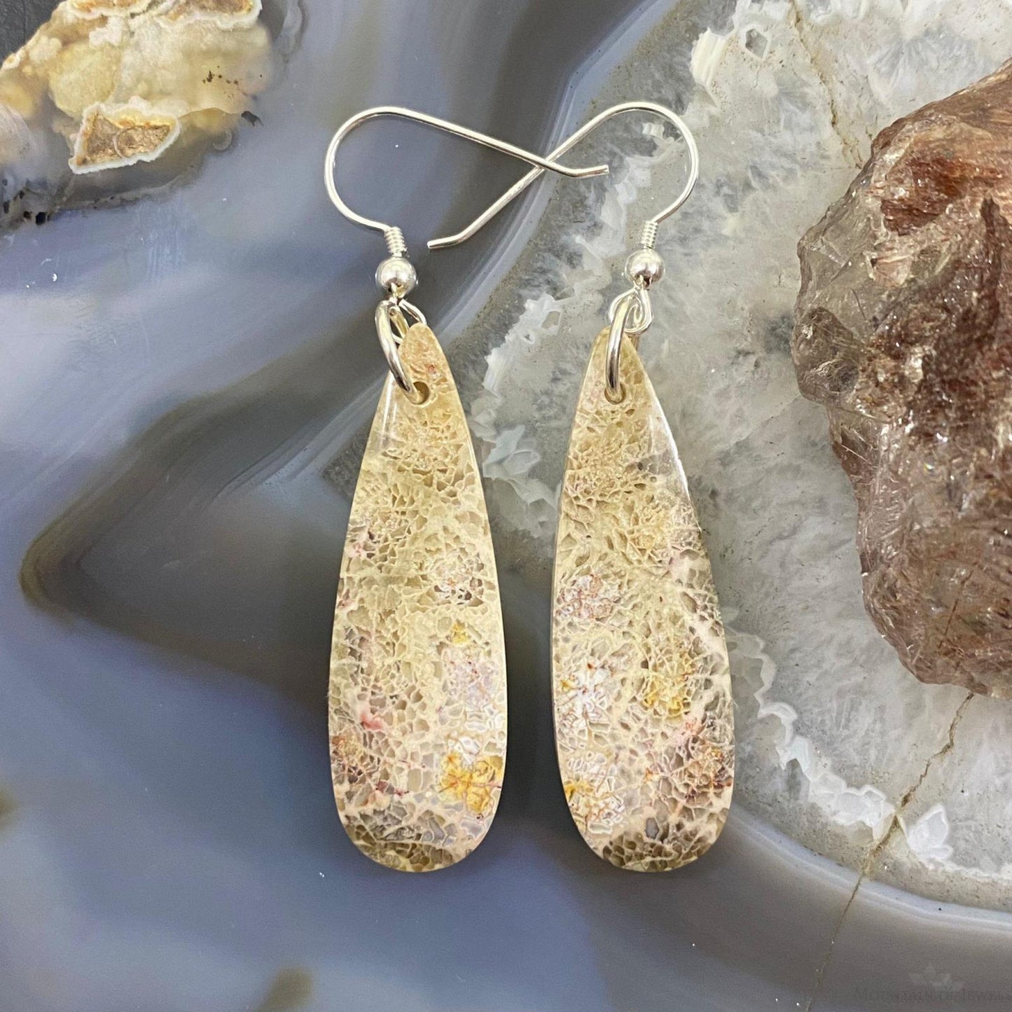 Sterling Silver Teardrop Fossilized Coral Slab Dangle Earrings For Women #091