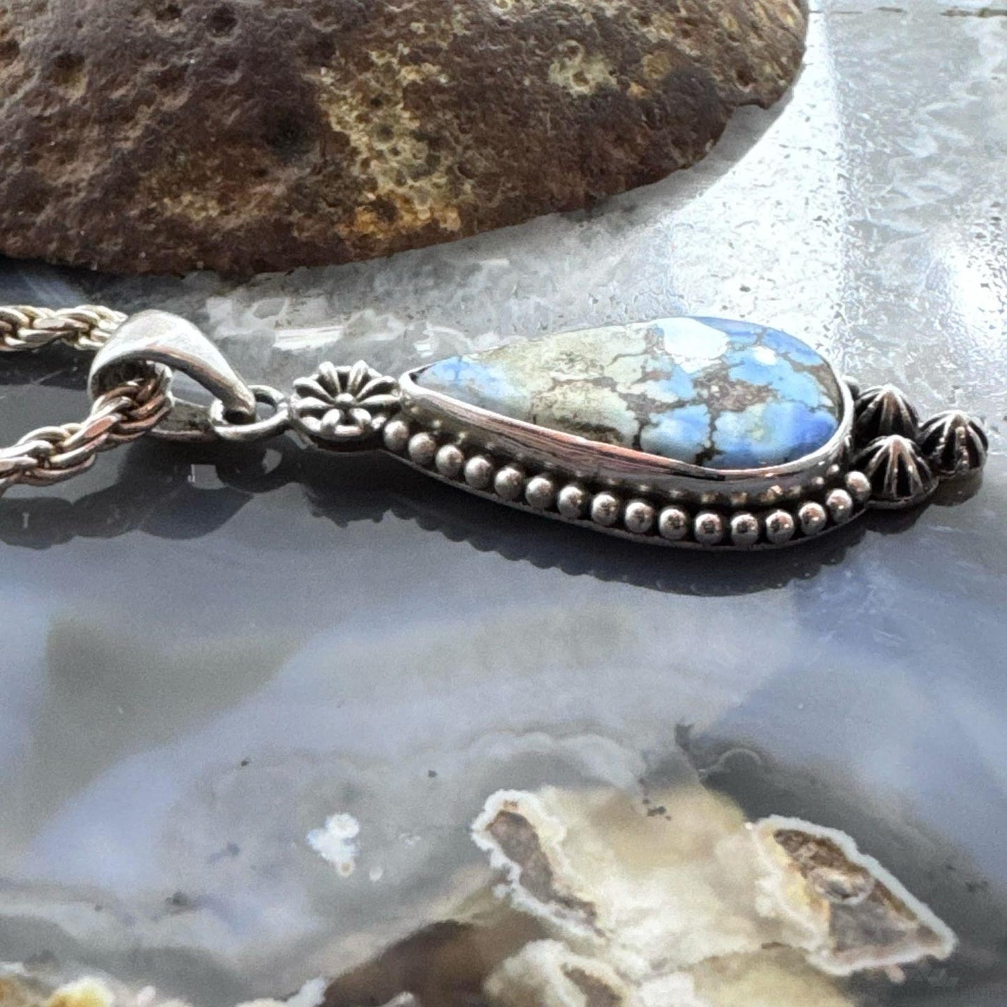 Sterling Silver Southwestern Style Teardrop Golden Hill Turquoise Pendant For Women