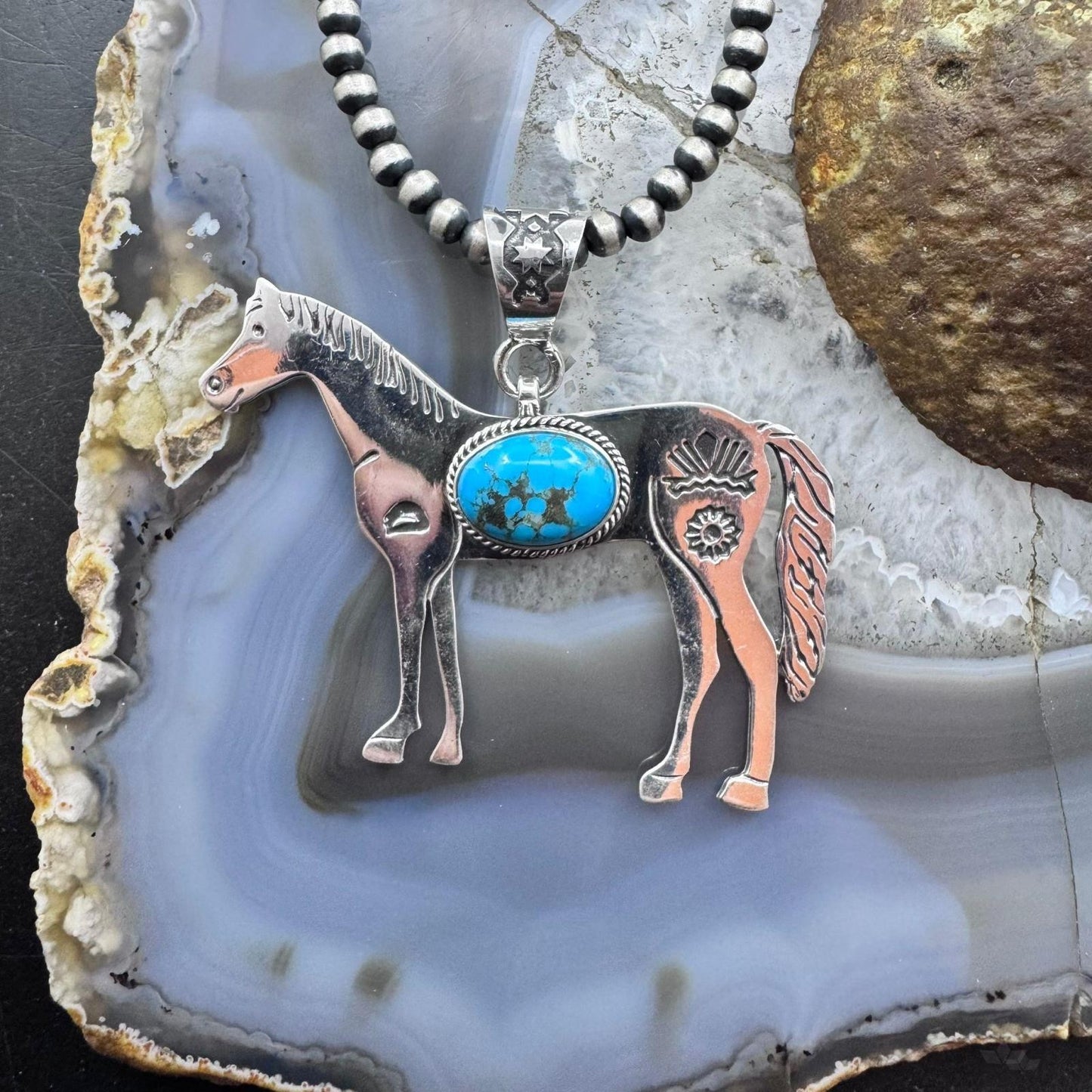 Sterling Silver Turquoise Stamped Indigenous Symbols Horse Unisex Pendant