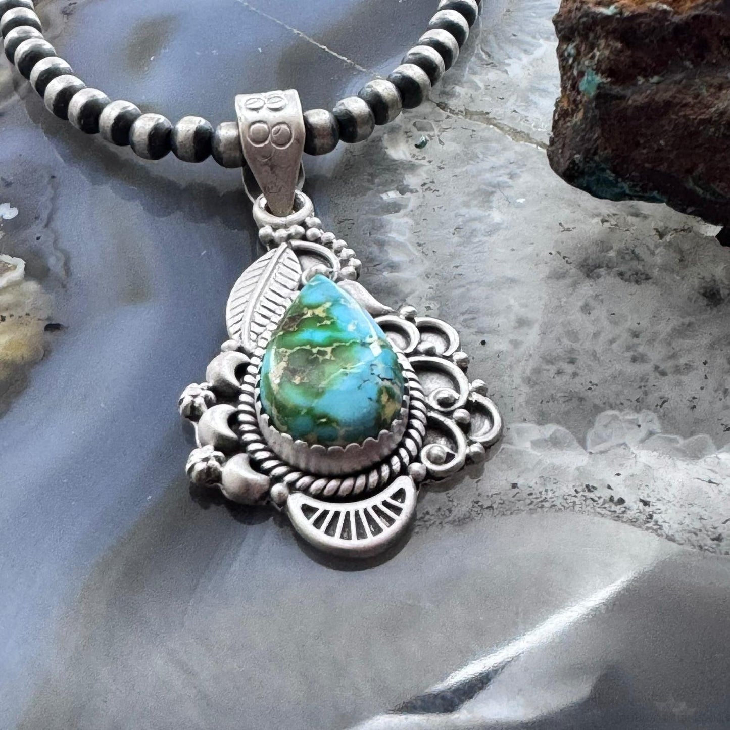 Sterling Silver Southwestern Style Teardrop Sonora Gold Turquoise Decorated Pendant For Women