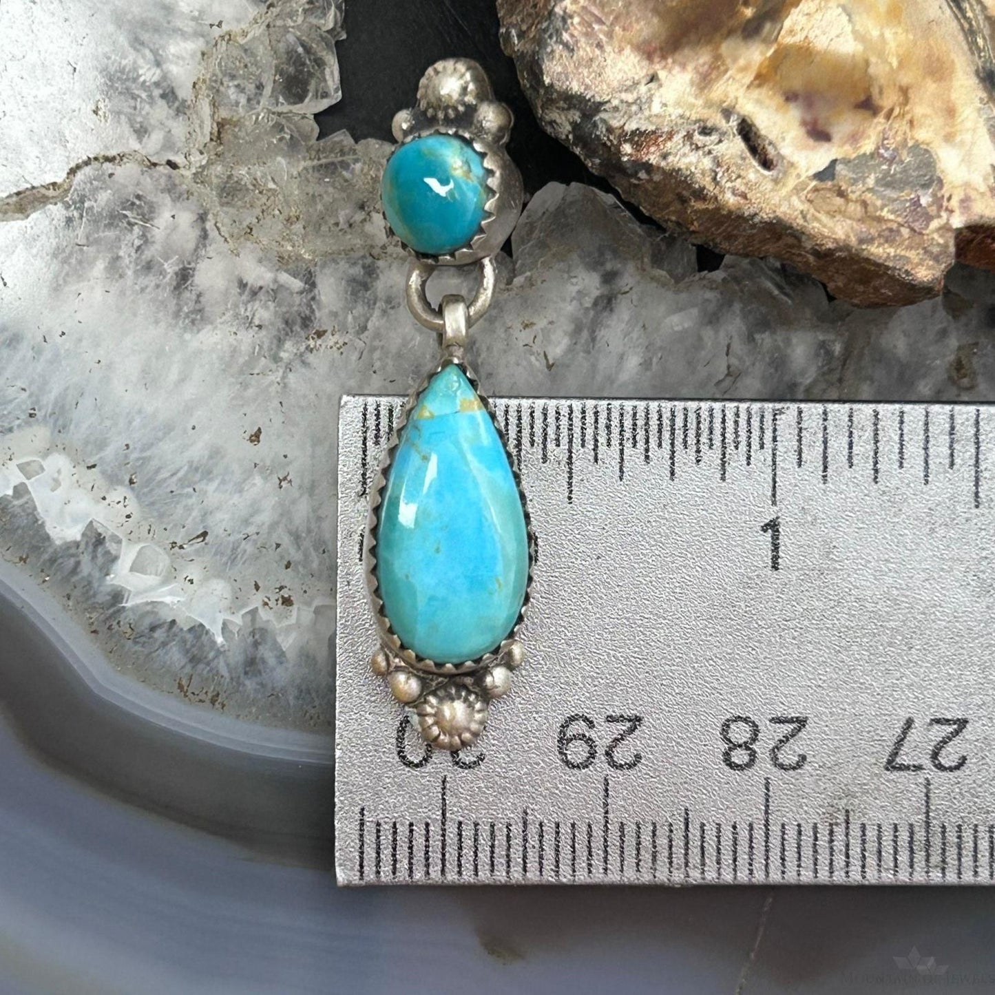 Sterling Silver Southwestern Style Teardrop & Rounded Turquoise Post Dangle Earrings For Women