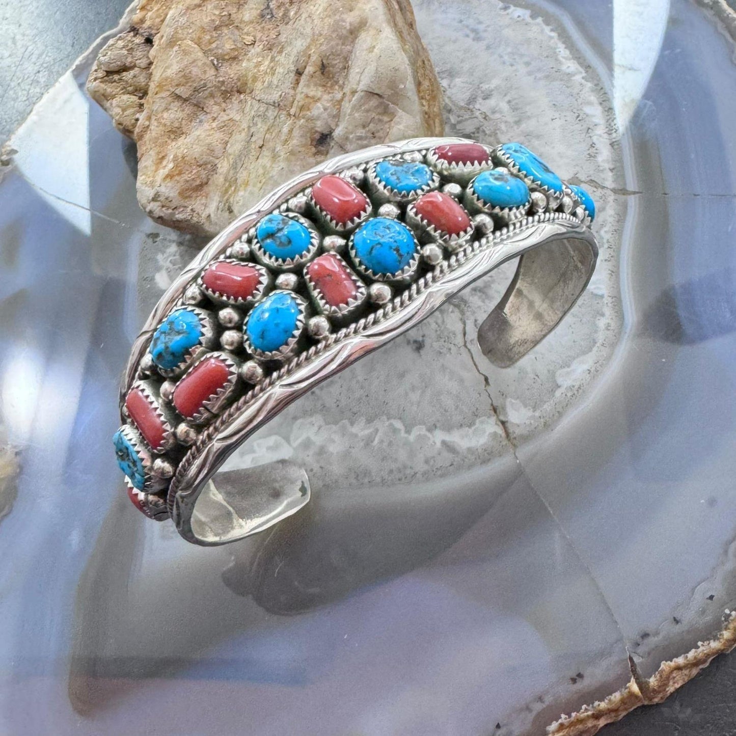 Anita Whitegoat Sterling Silver Rough Turquoise & Coral Bracelet For Women