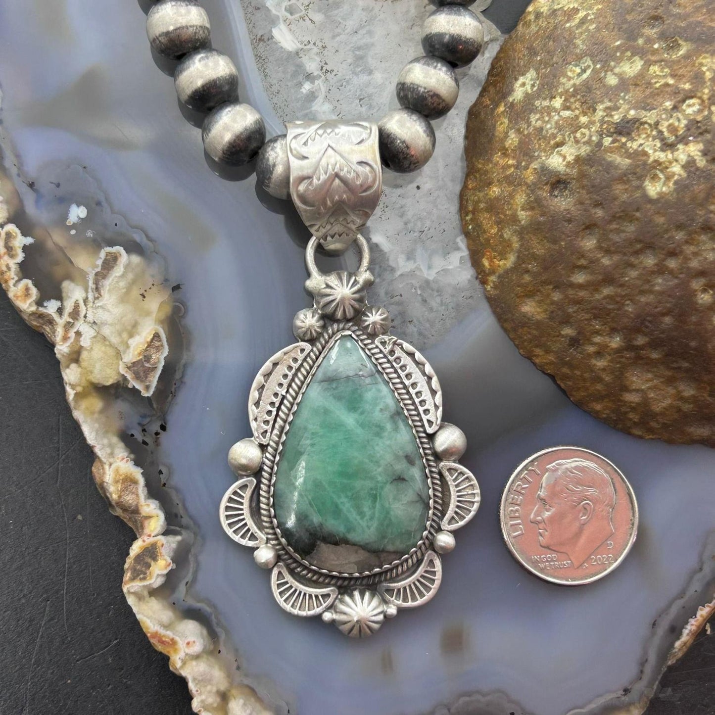 Sterling Silver Southwestern Style Teardrop Emerald Decorated Pendant For Women